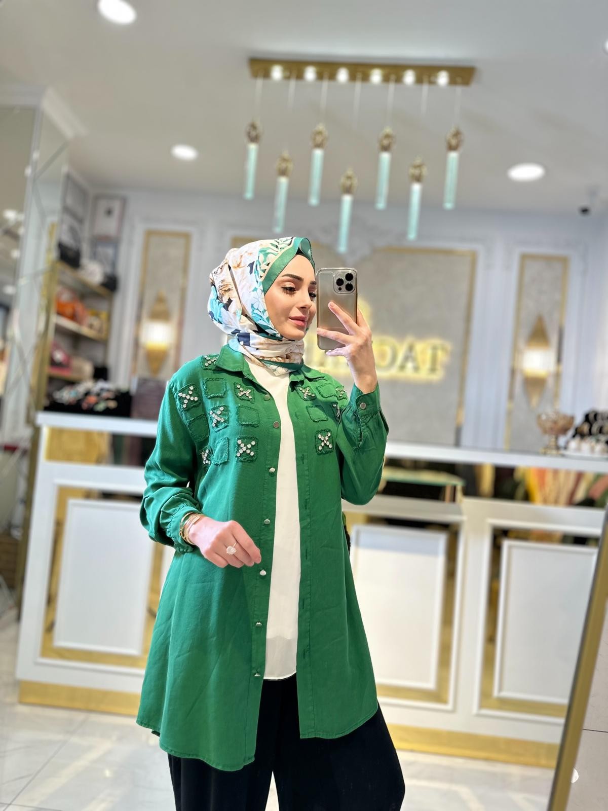 Taşlı Tencel Tunik-Tac 7250 - Yeşil