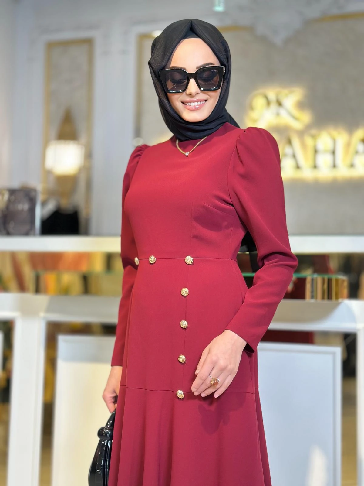 Gold Düğmeli Volan Elbise-Tac 4003