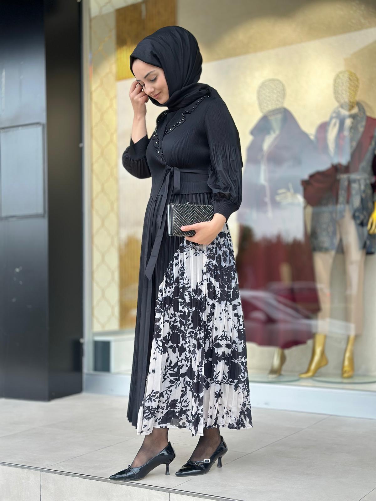 Eteği Desenli Elbise-Tac 85271