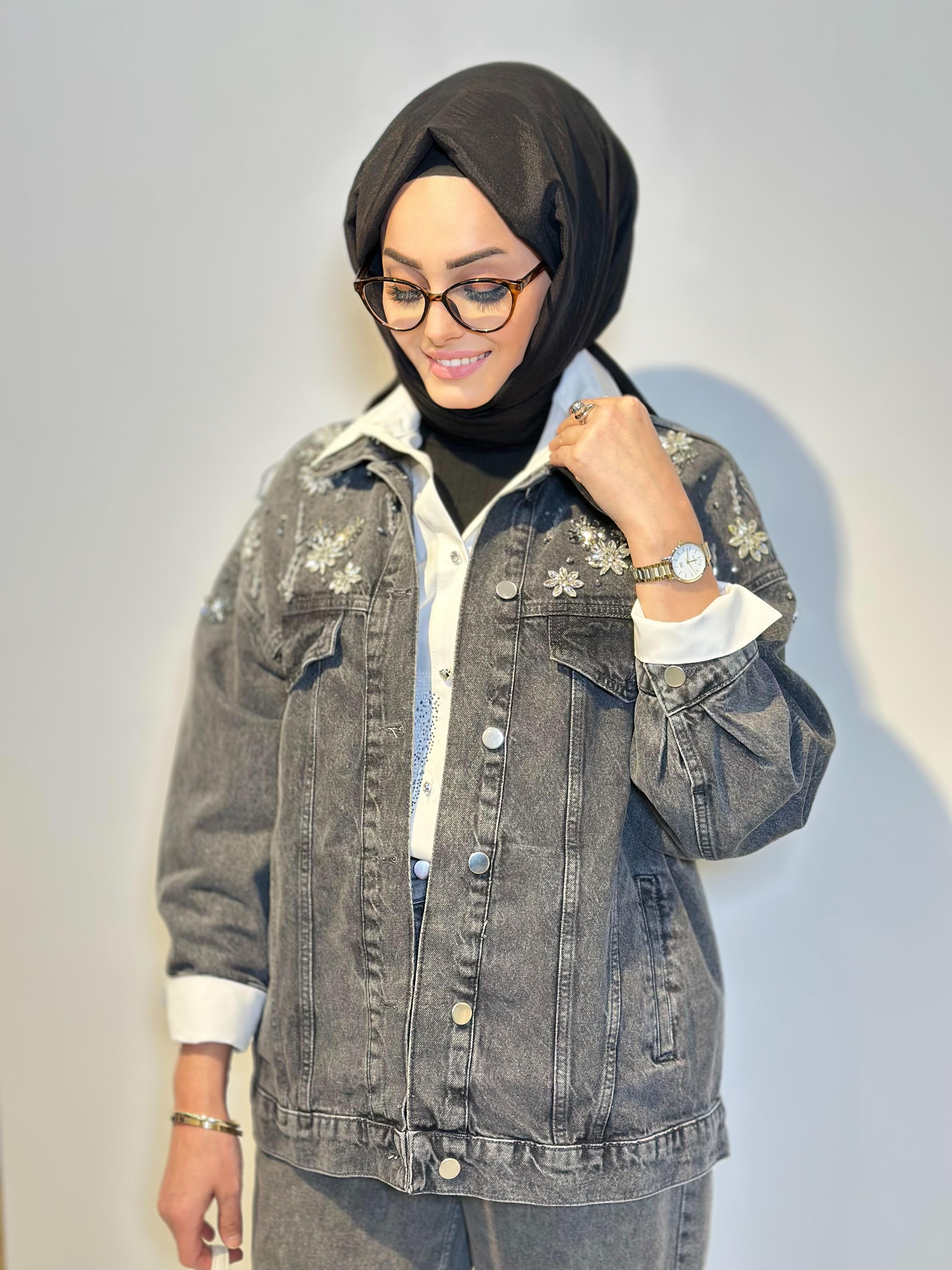 Omuz Taşlı Jean Ceket-Tac 7919 - ANTRASİT