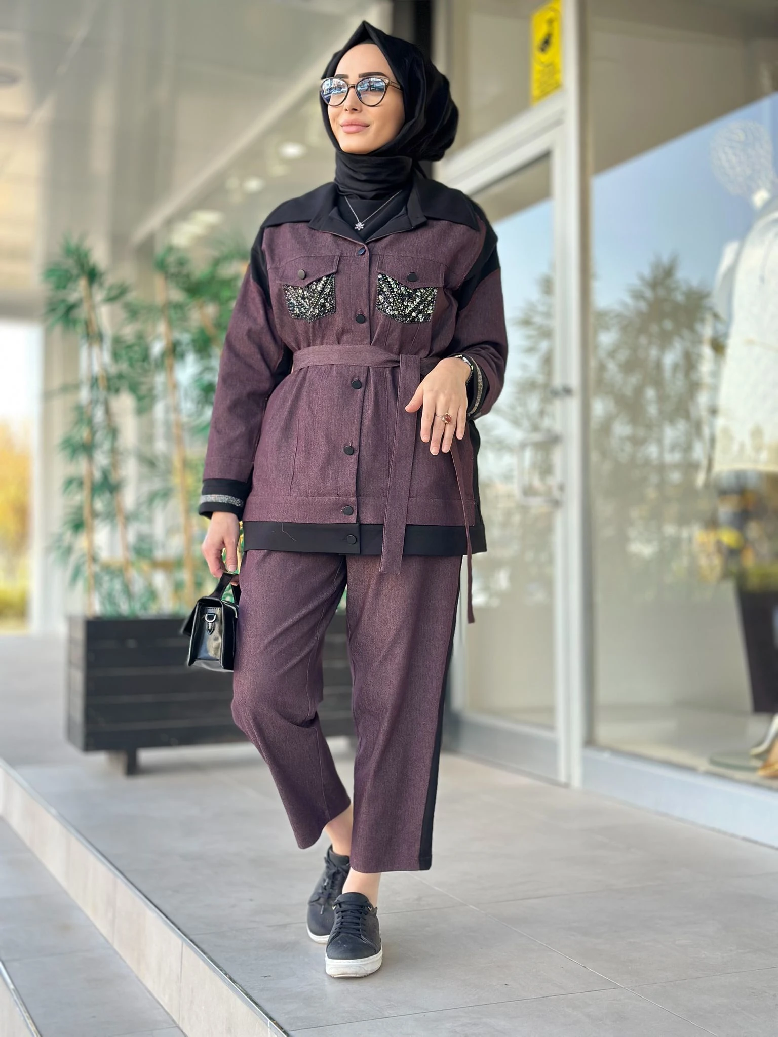 Cepleri Taşlı Jean Pant. Takım-Tac 7969 - BORDO