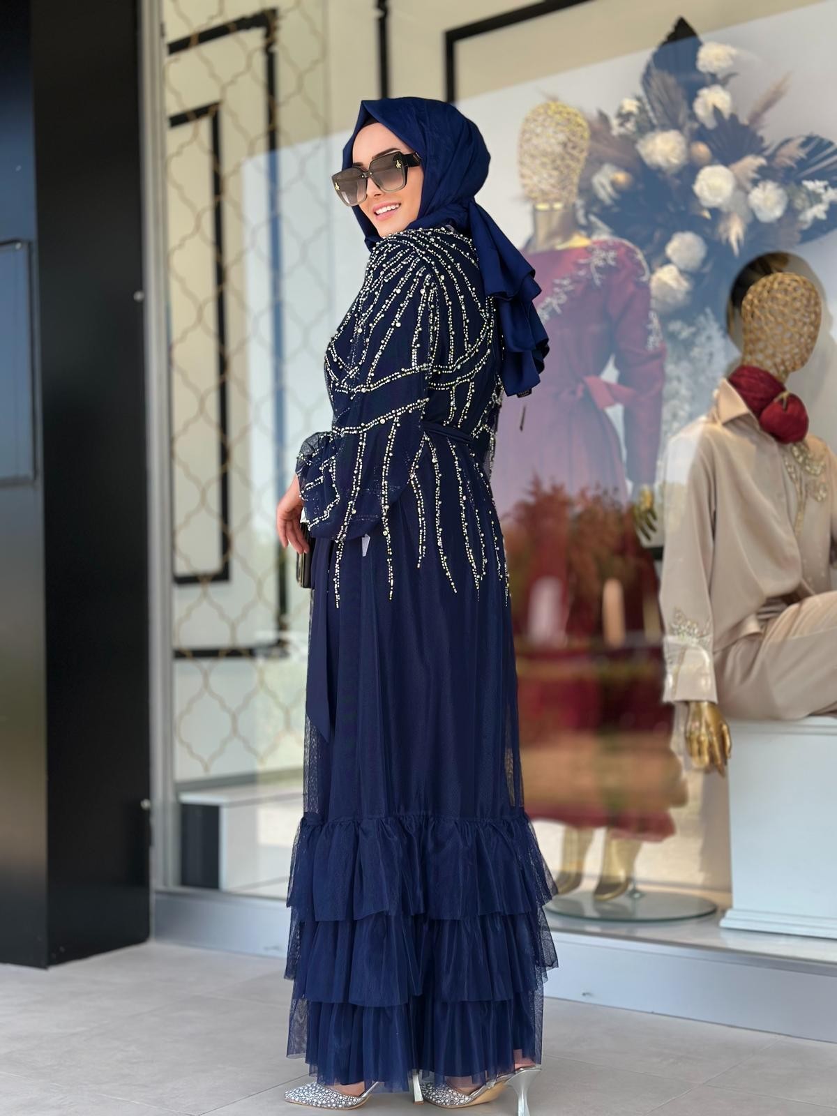 Taşlı Tül Çakım Abaya-Tac 6184