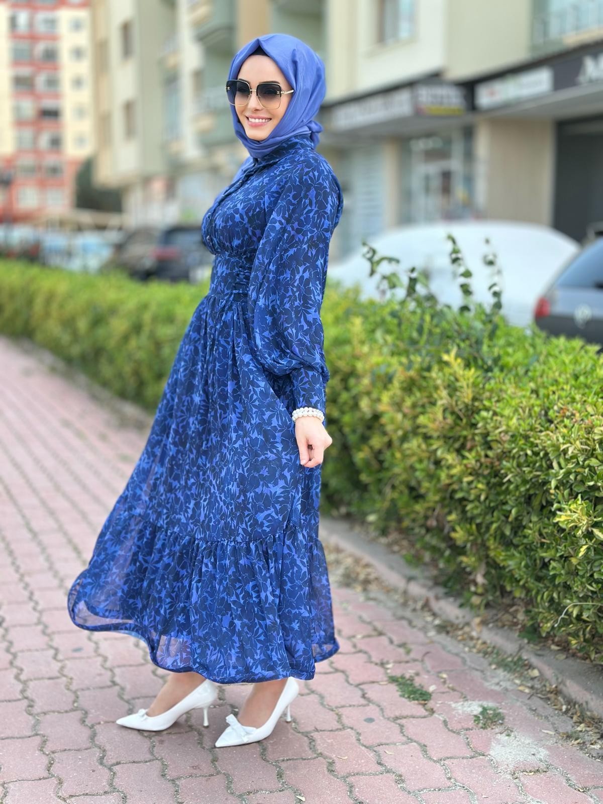 Desenli Fırfırlı Elbise-Tac 5525