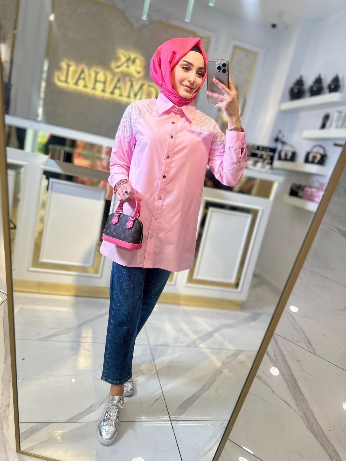 Omuz İşlemeli Gömlek-Tac 3172 - Pembe