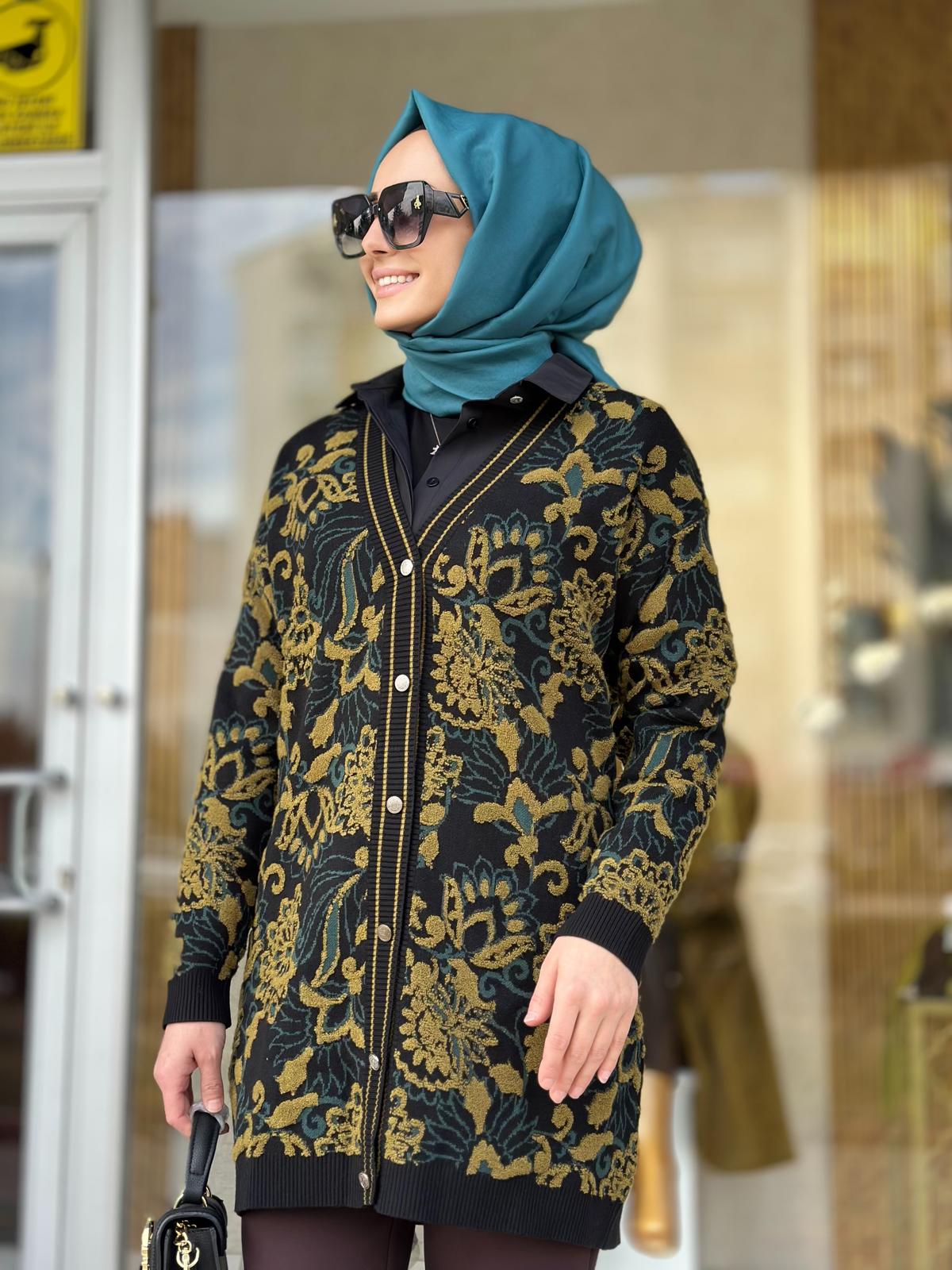 Çiçek Desenli Kabartmalı Hırka-Tac 21523 - Yeşil