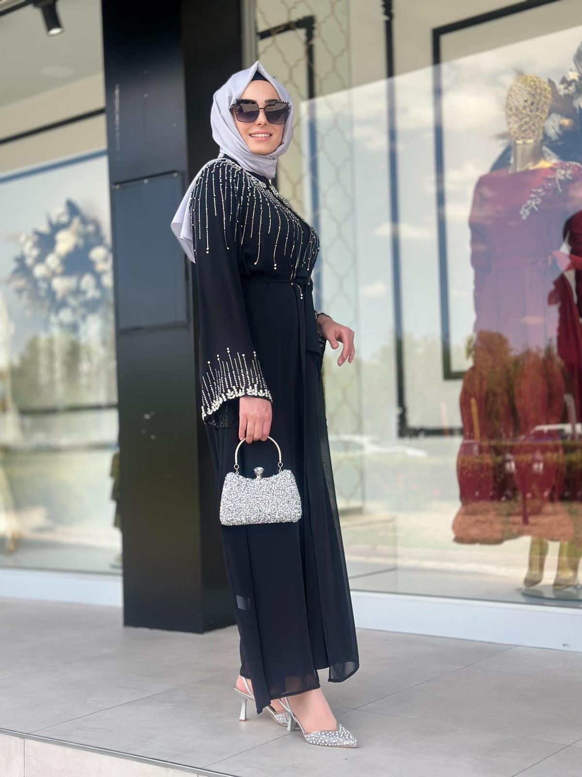 Yaka Ve Kol Uçları Taşlı Abaya-Tac 6178