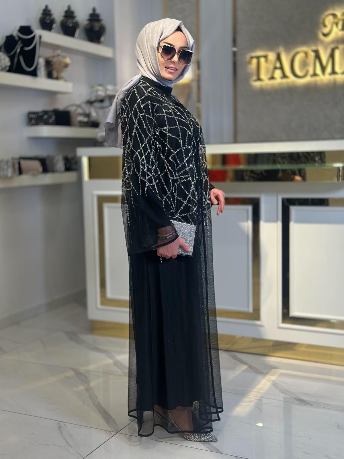 Taş Baskılı Tül Abaya-Tac 6227