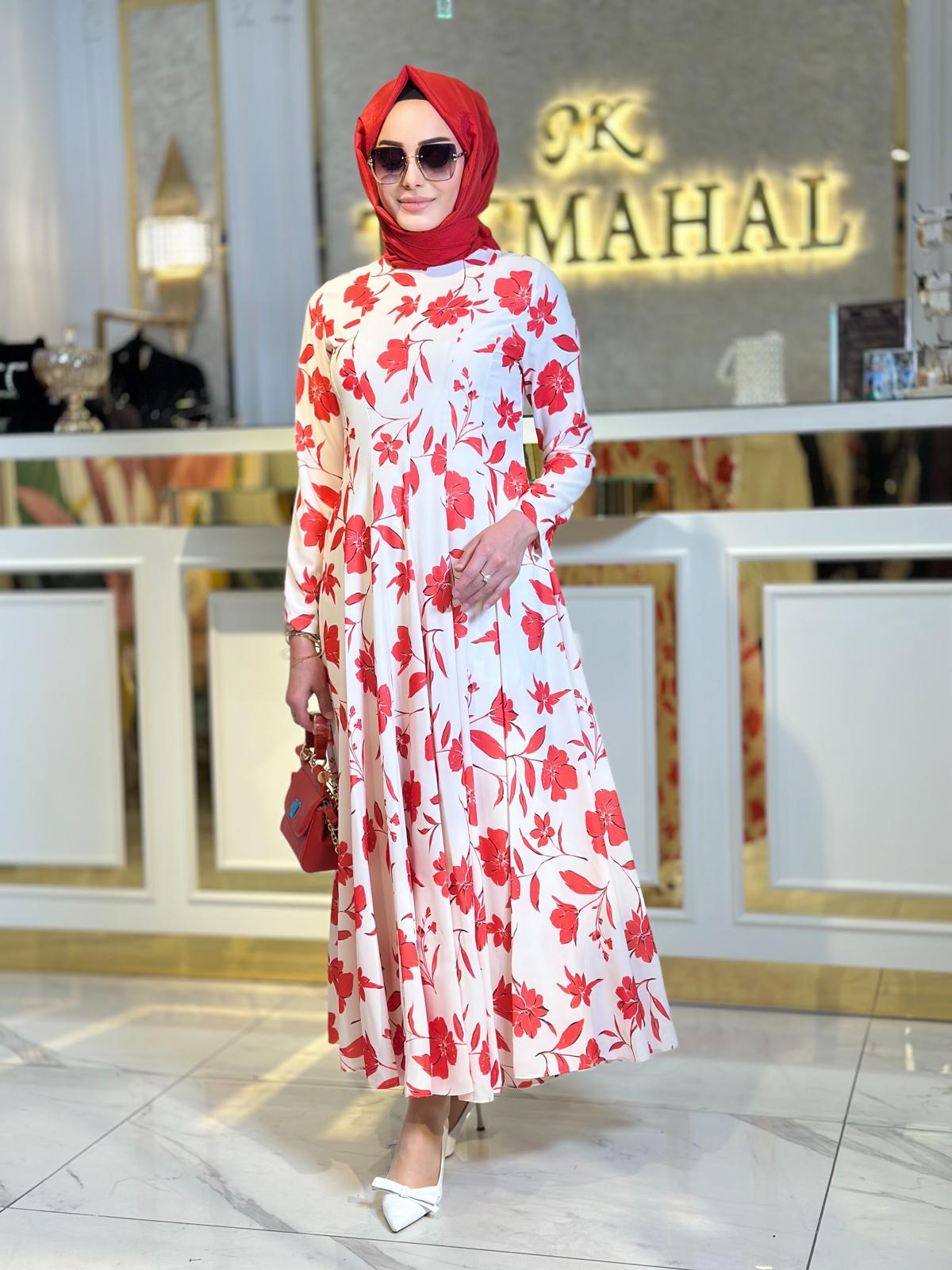 Çiçekli Elbise-Tac 7040 - Kırmızı