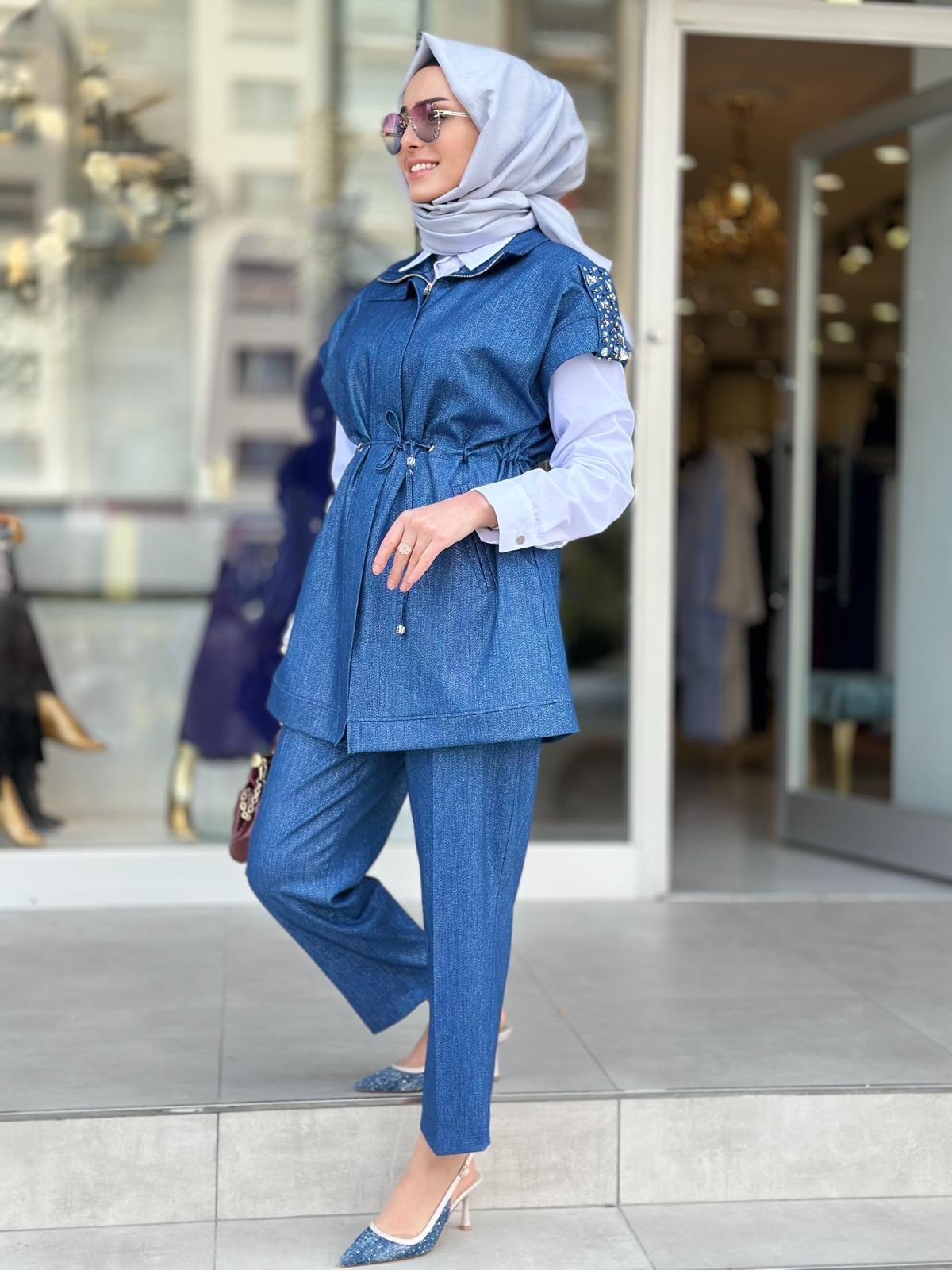 Simli Denim Yelekli Takım-Tac 3013