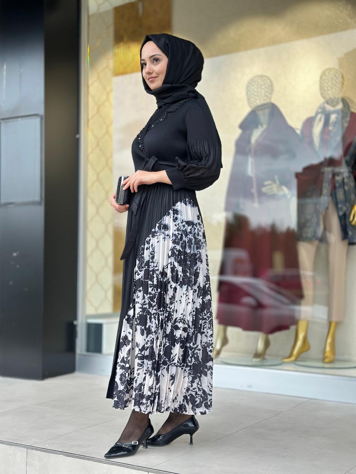 Eteği Desenli Elbise-Tac 85271