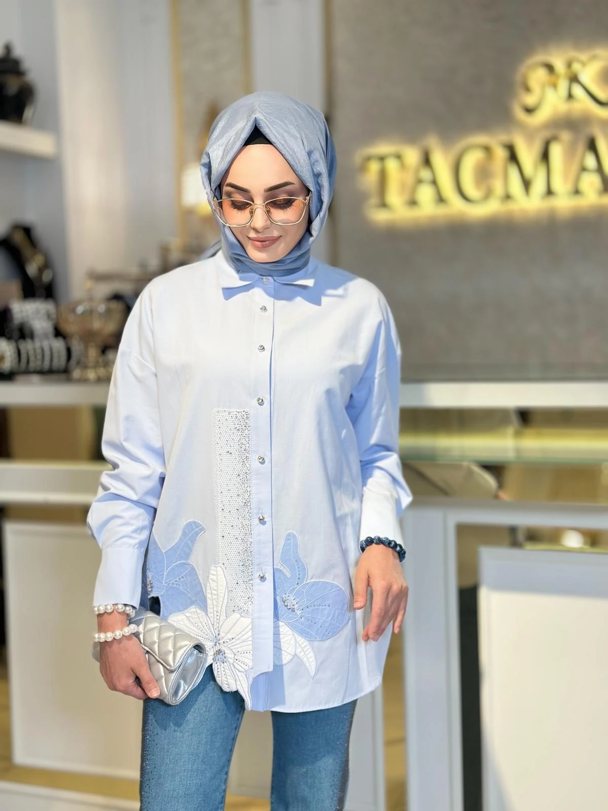 Nakışlı Taşlı Gömlek-Tac 8704