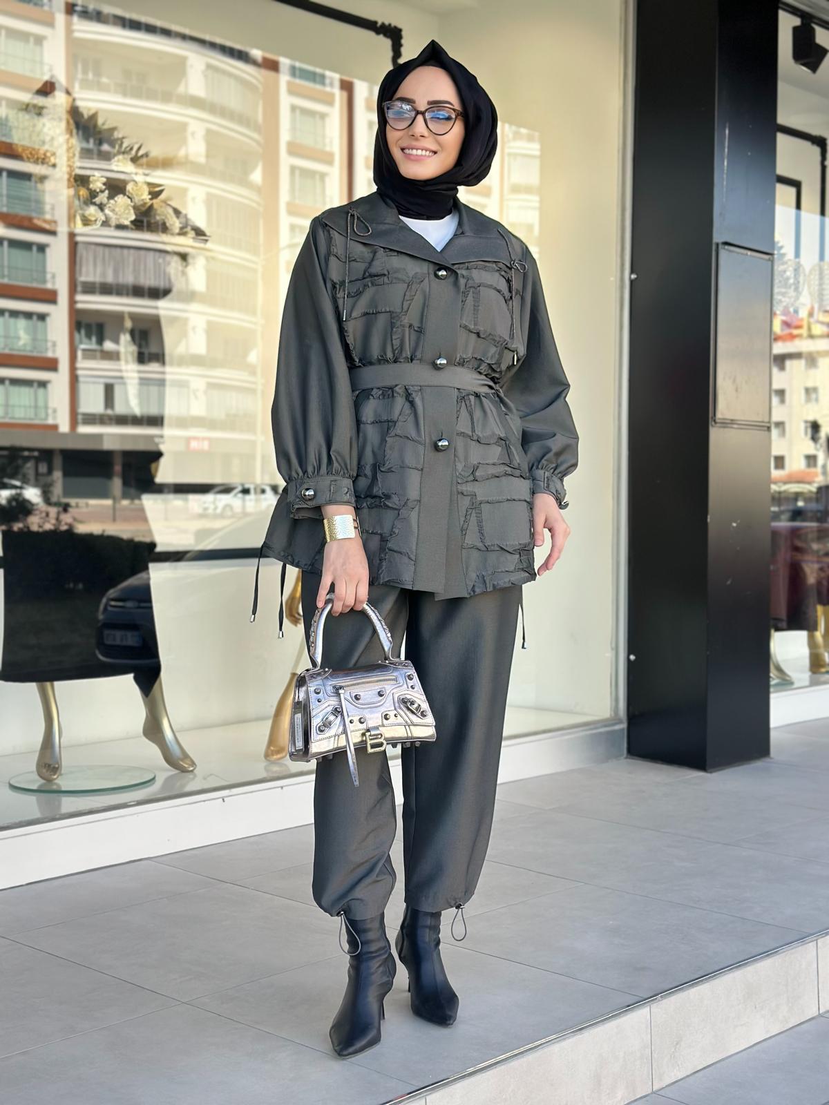 Düğmeli Jakar Takım-Tac 1592 - Gri