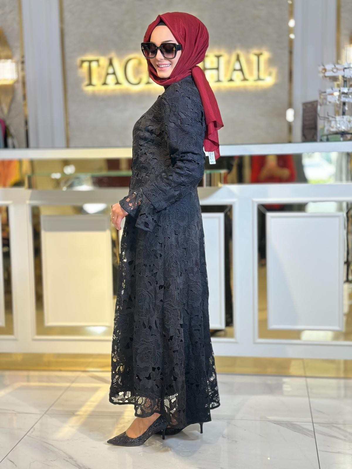 İthal İşlemeli Güpür Elbise-Tac 50048