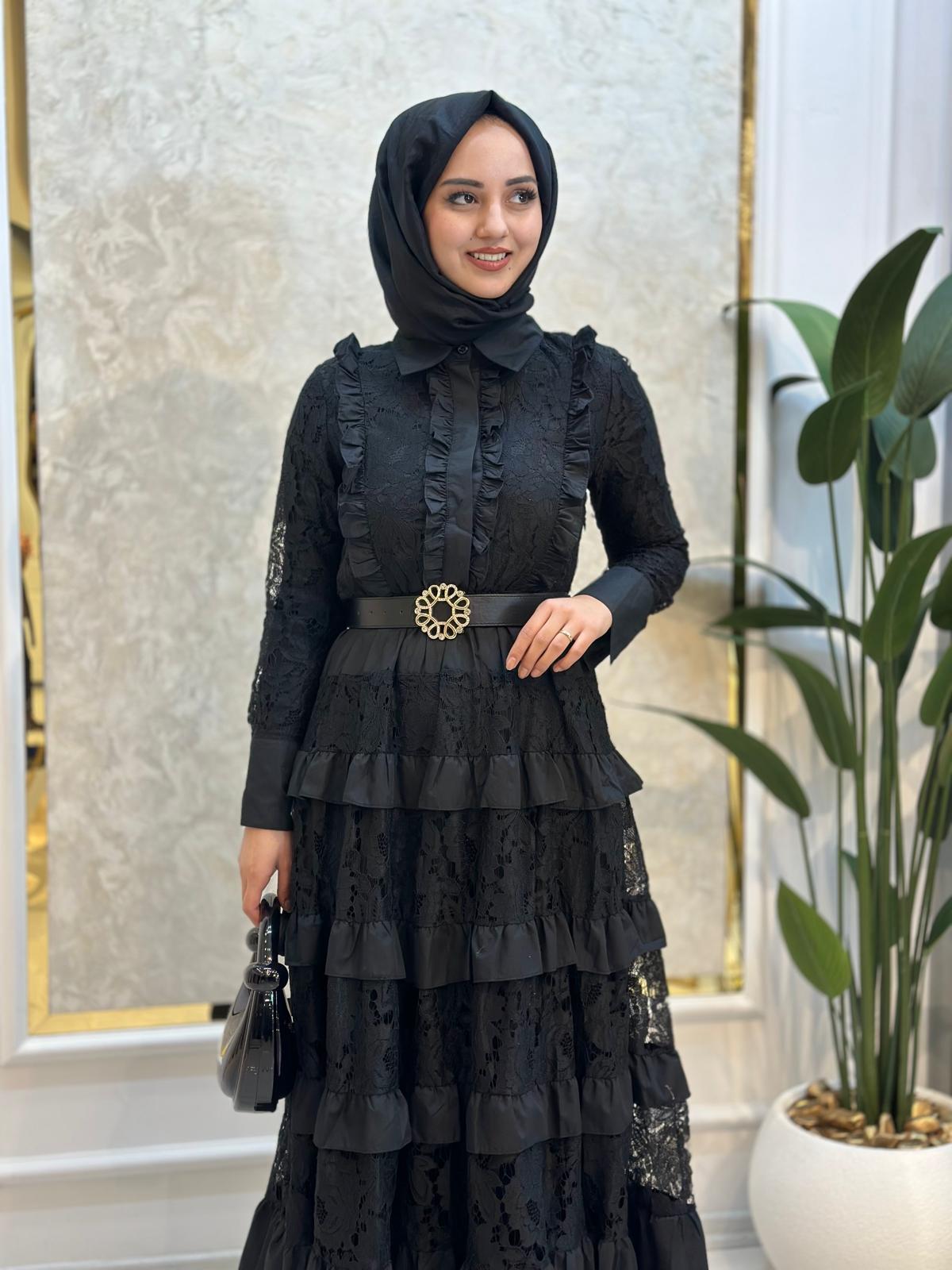 İthal Güpür Kat Kat Elbise-Tac 85961