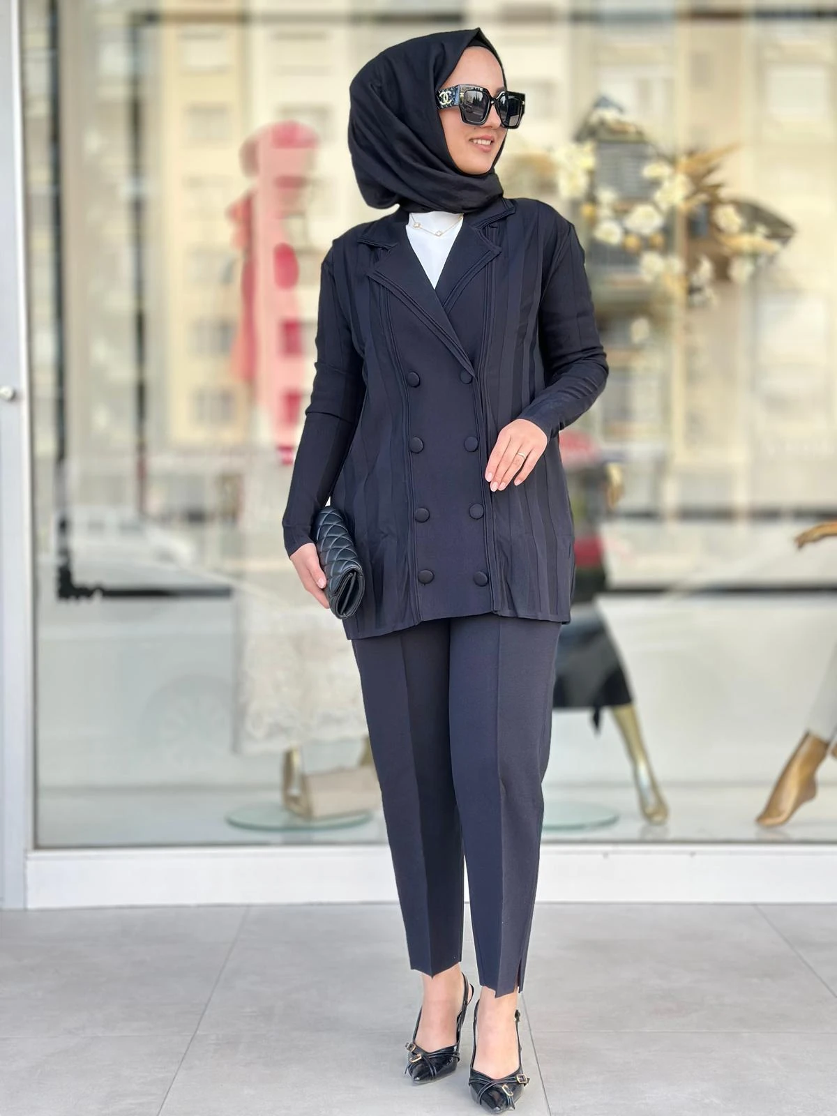 Kruvaze Düğmeli Pant. Takım-Tac21694 - SİYAH