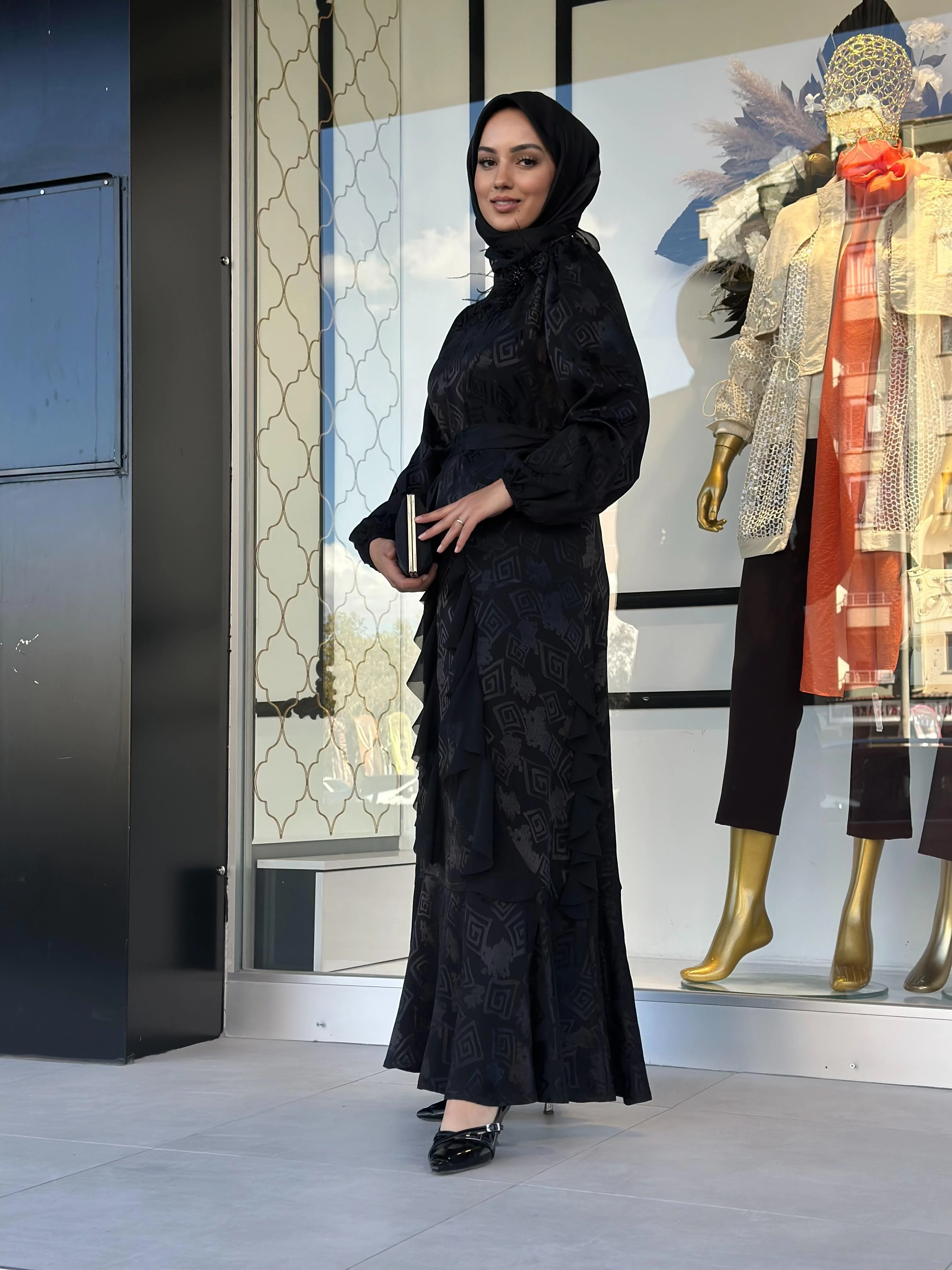 Omzu İşlemeli Jakar Elbise-Tac 05602