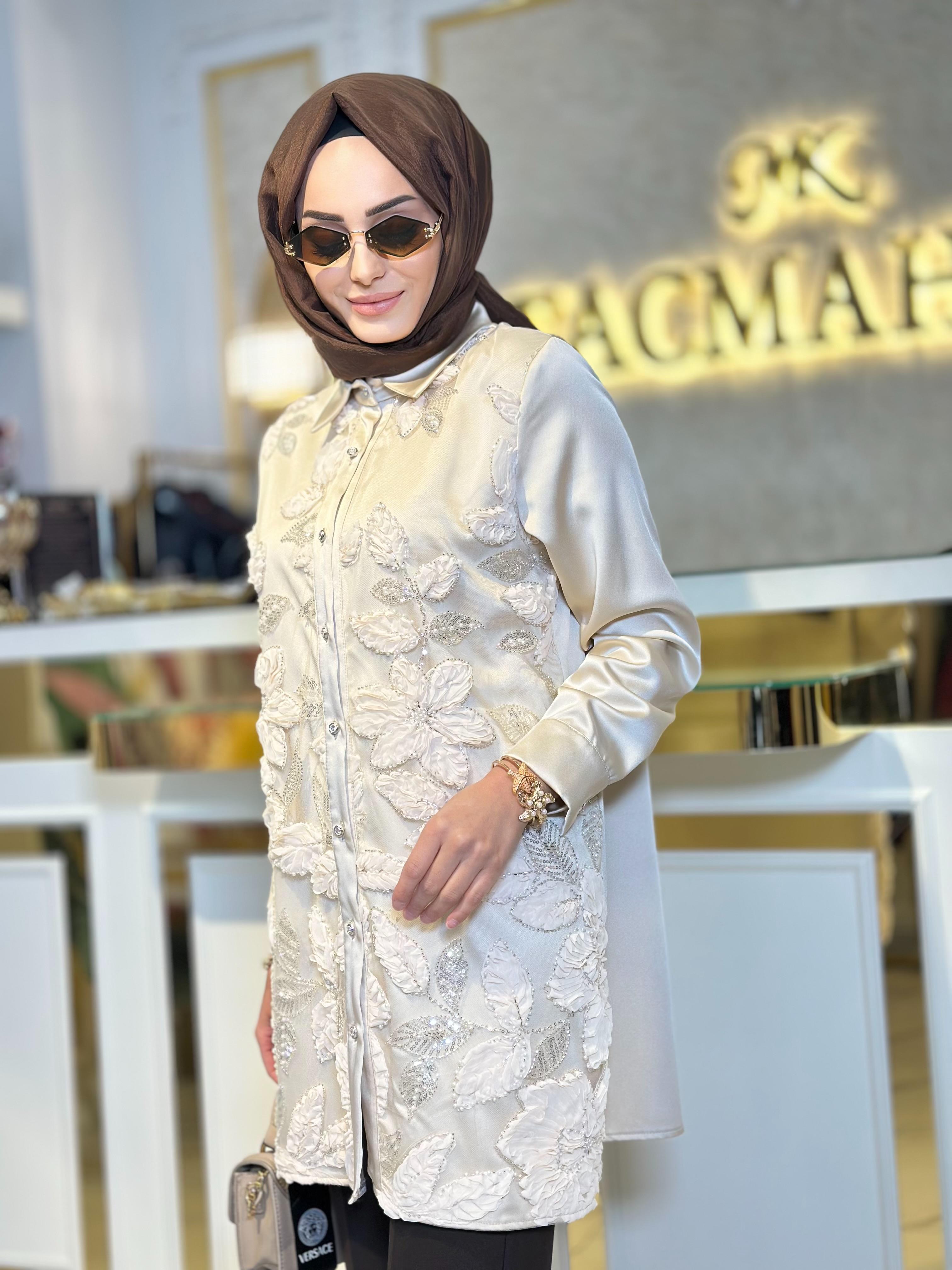 Tül Kabartmalı Taşlı Tunik-Tac 3209