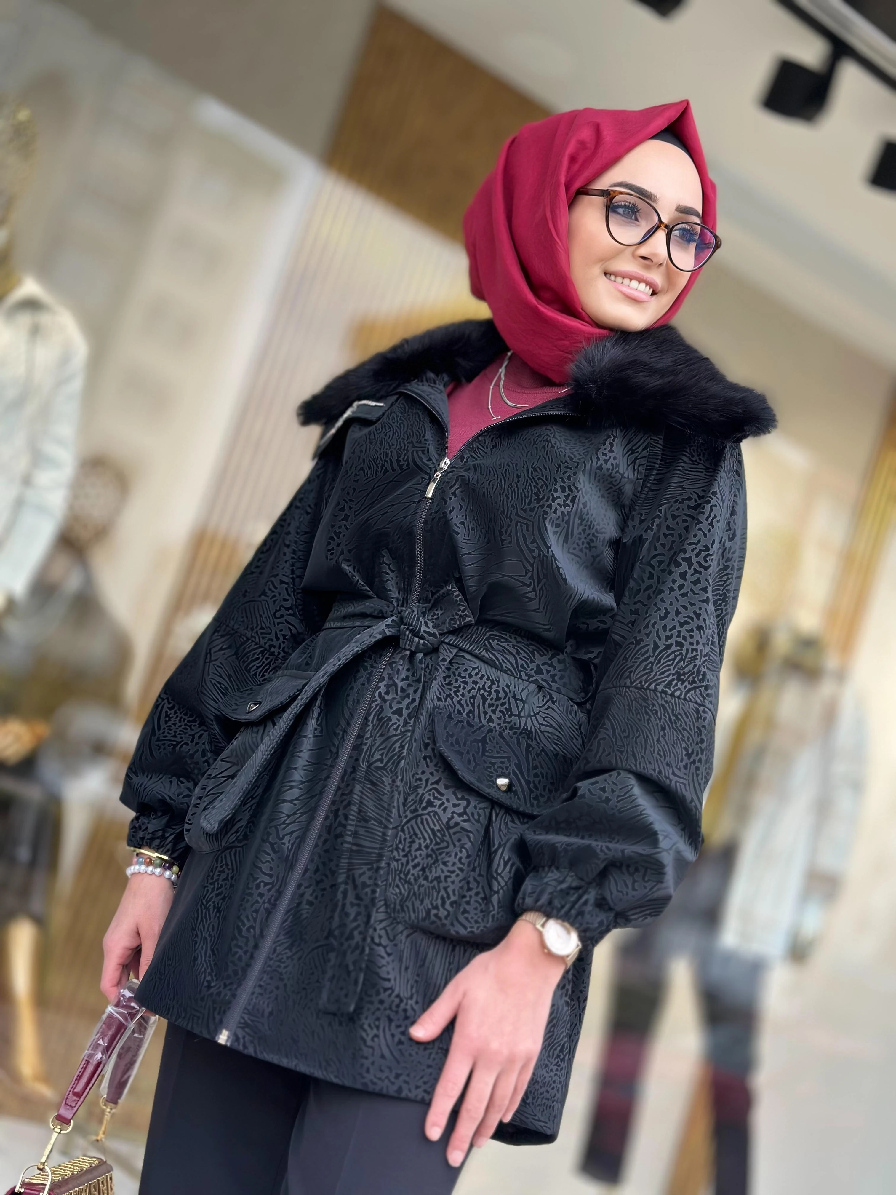 Yakası Kürklü Deri Kaban-Tac 7965