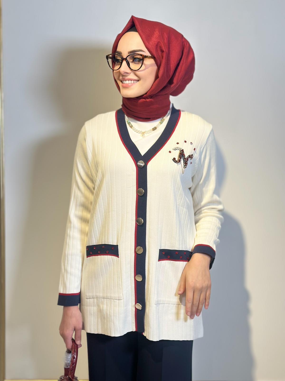 Şerit Det.Düğmeli Hırka-Tac 17023 - Ekru