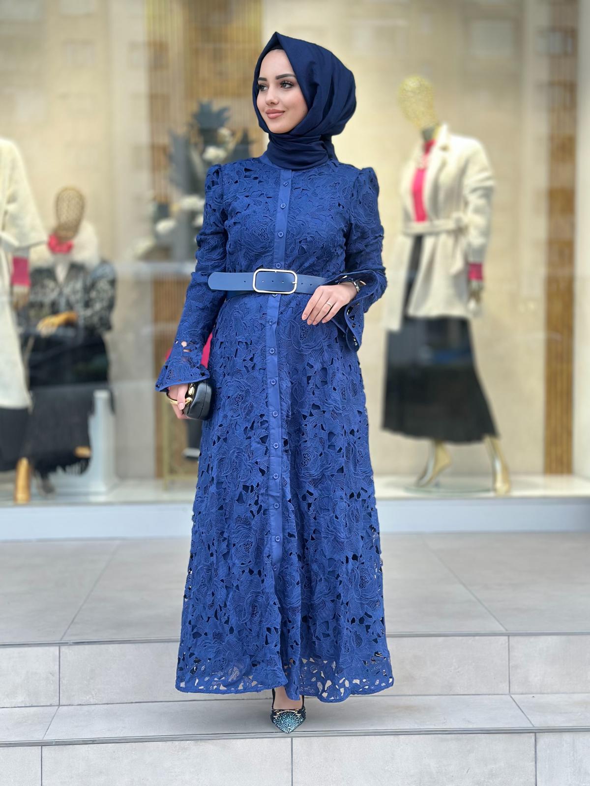 İthal Güpür Elbise-Tac 54196 - MAVİ