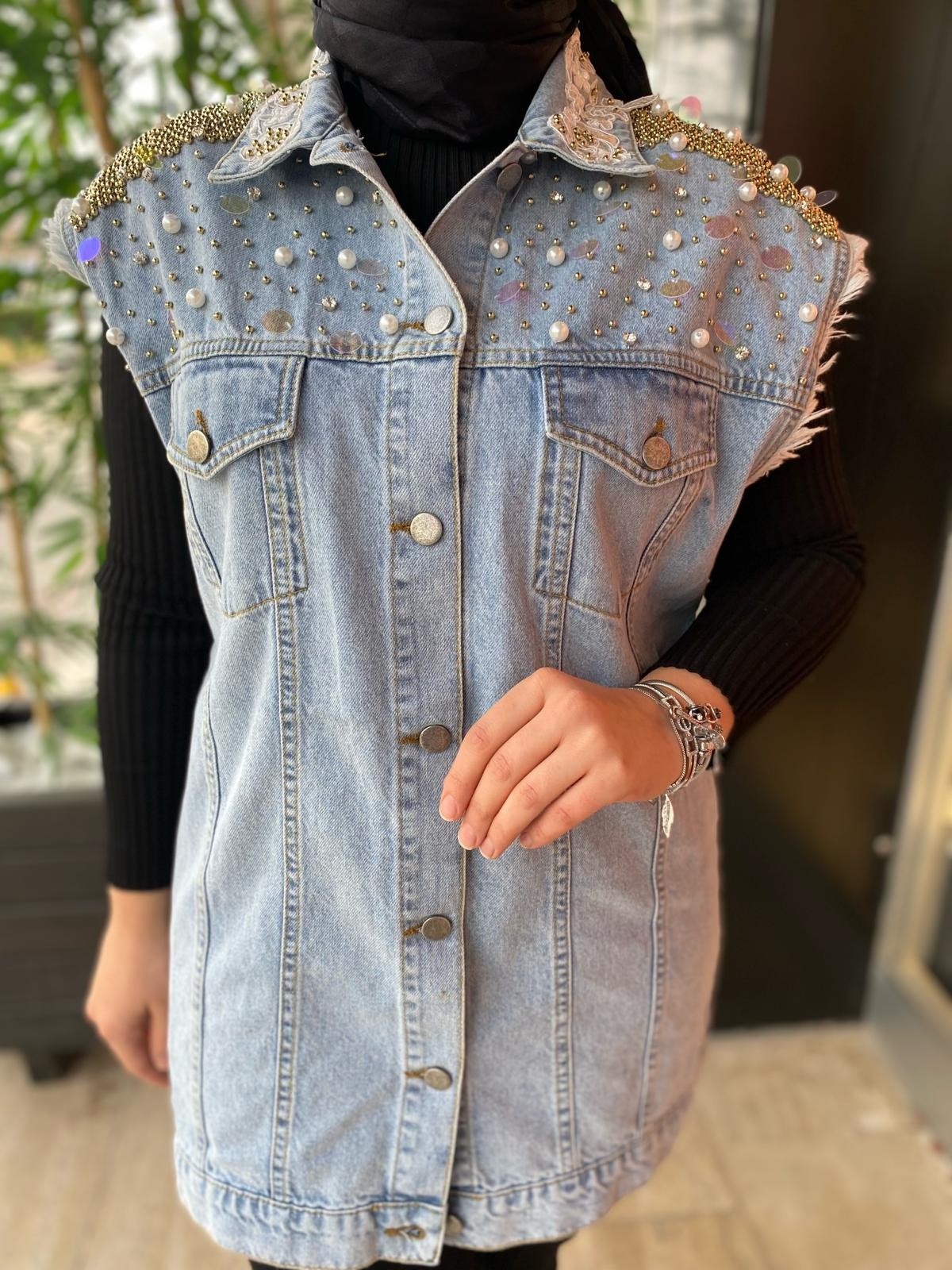 Denim Gül Boncuk Yelek Tac7151