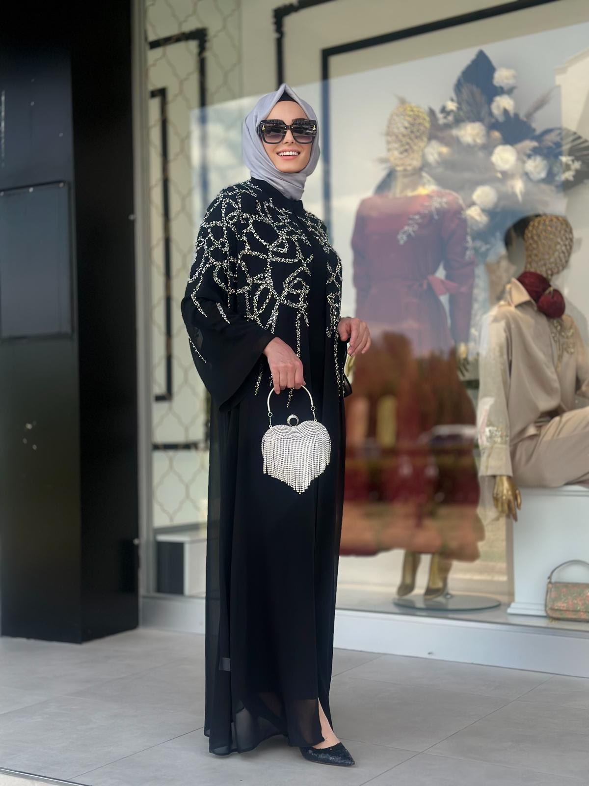 Taş Baskılı Hakim Yaka Abaya-Tac 6161