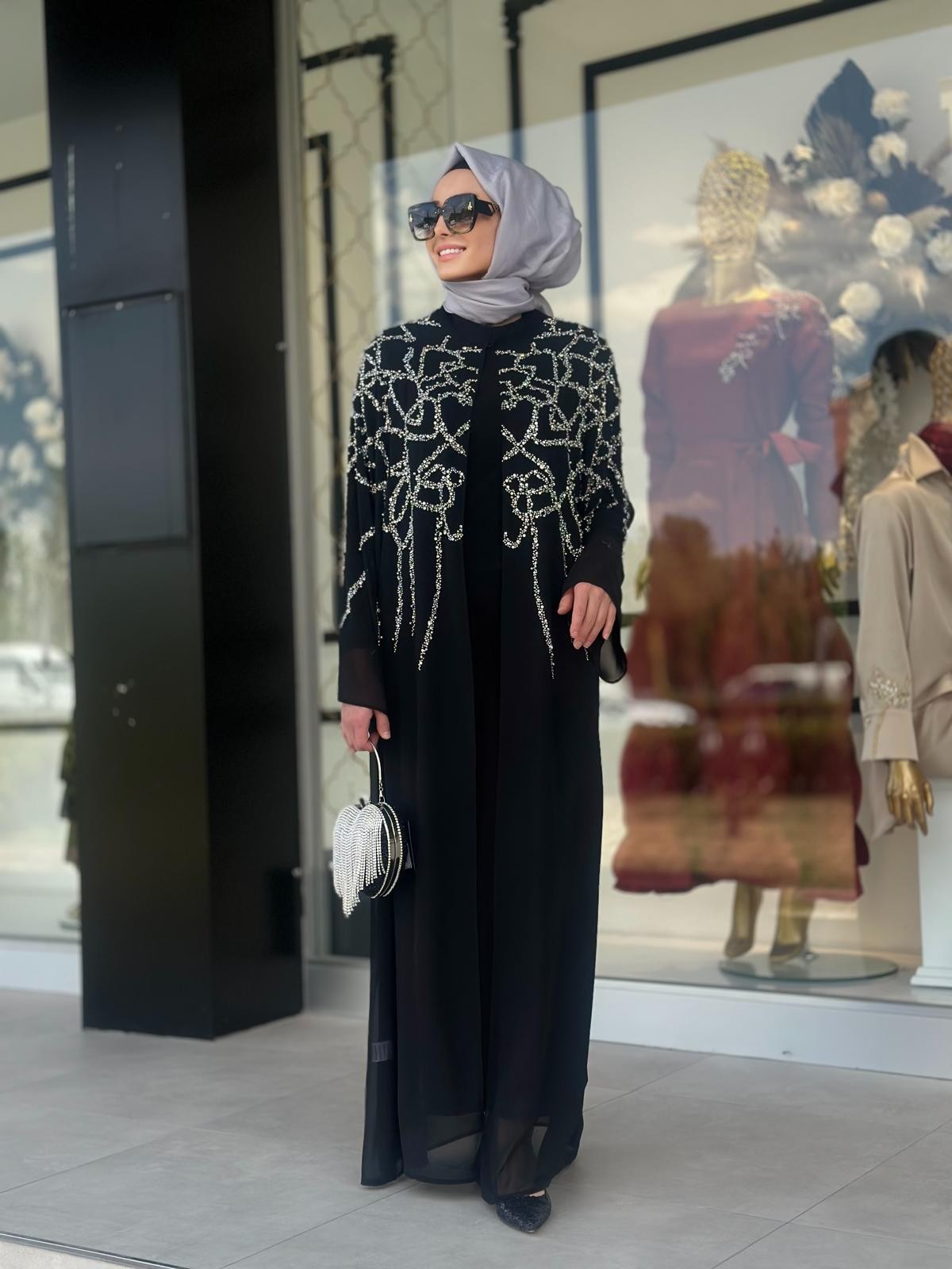 Taş Baskılı Hakim Yaka Abaya-Tac 6161