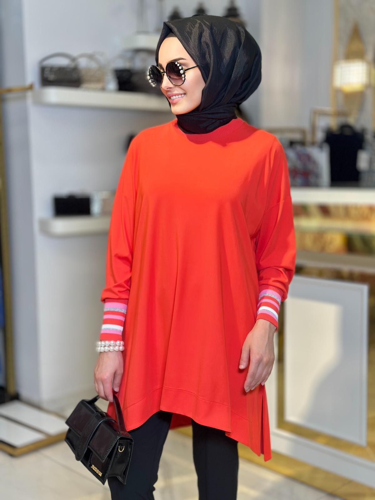 Manşetleri Çizgili Tunik-Tac 3067 - Kırmızı