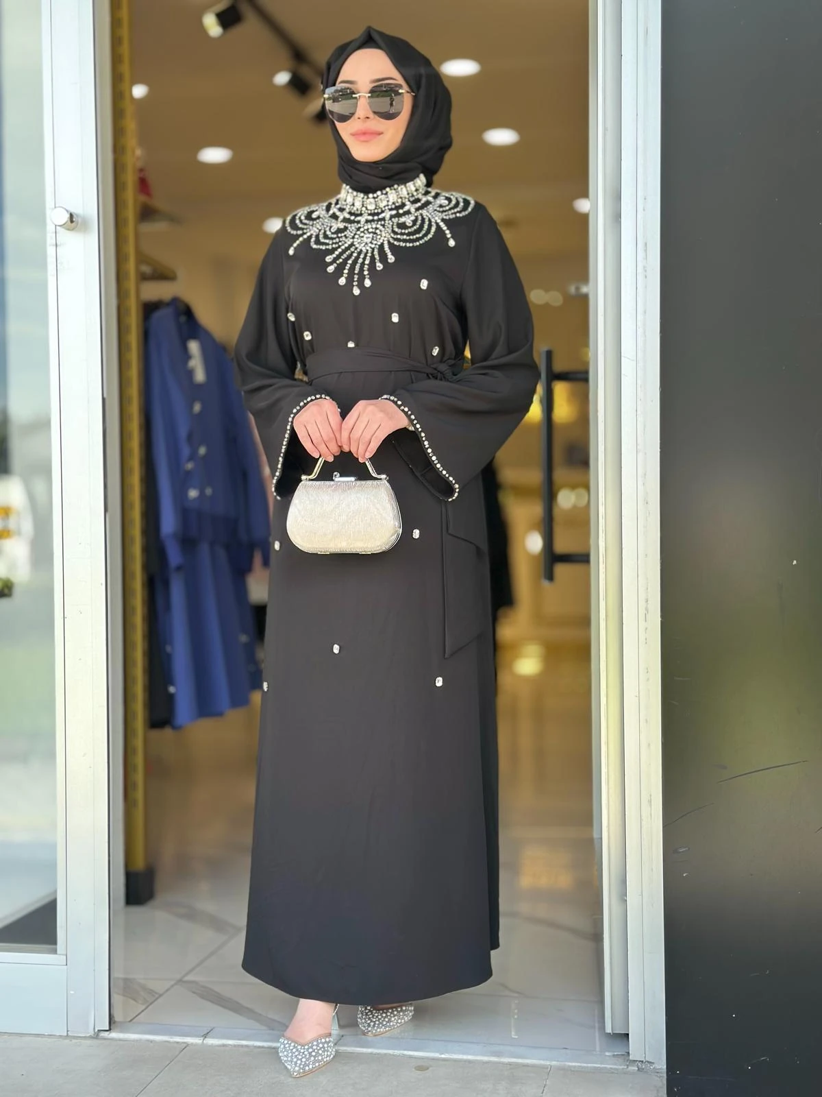 Yaka Taşlı Elbise-Tac 4246 - SİYAH