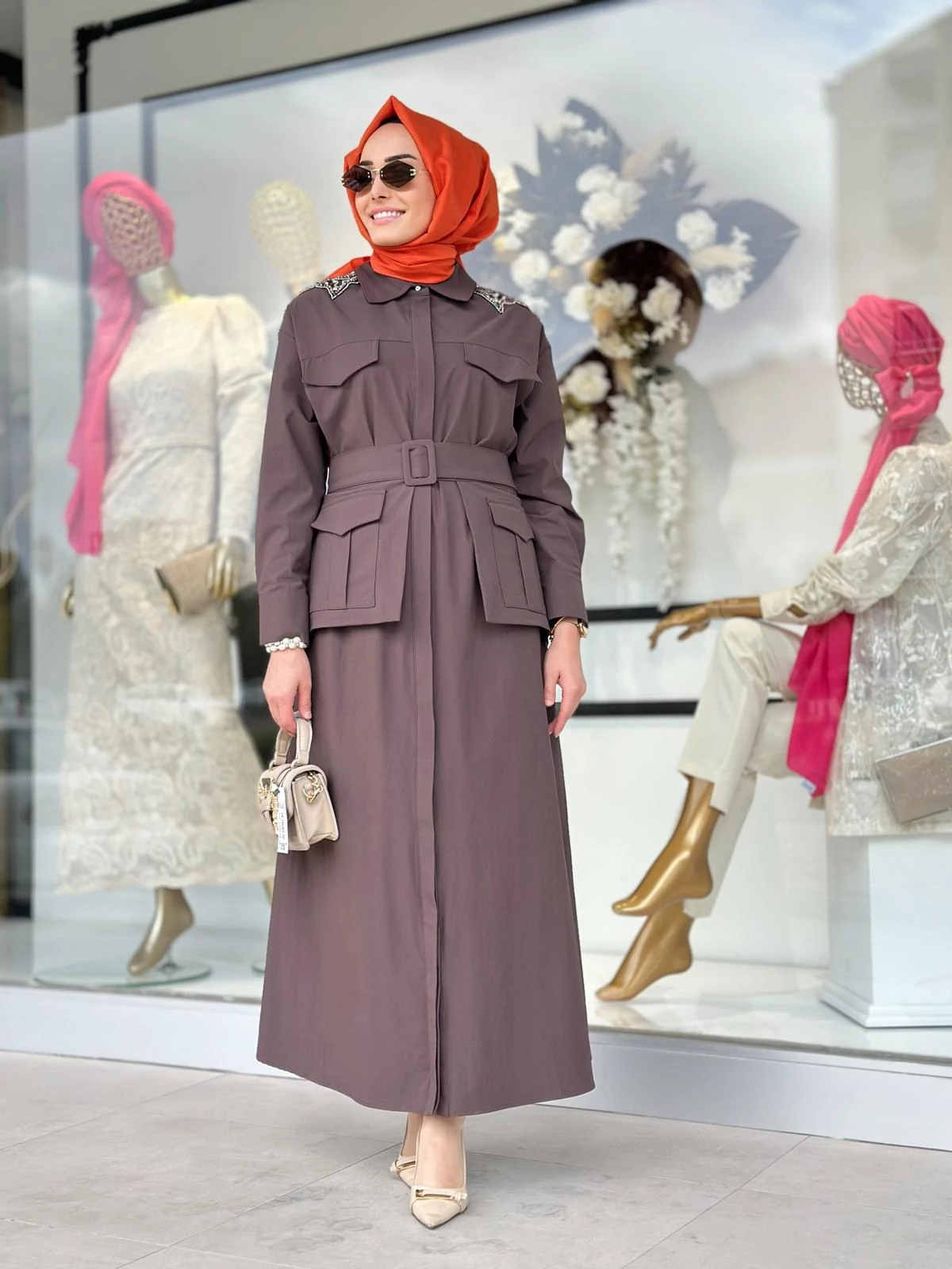 Omzu Taşlı Cepli Elbise-Tac 5606