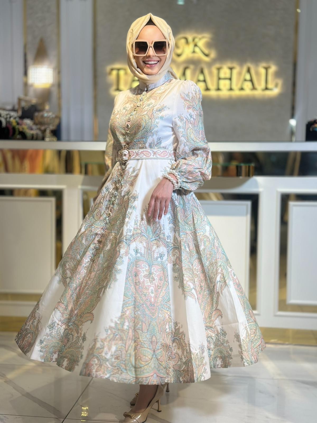 İthal Desenli Elbise-Tac 98317