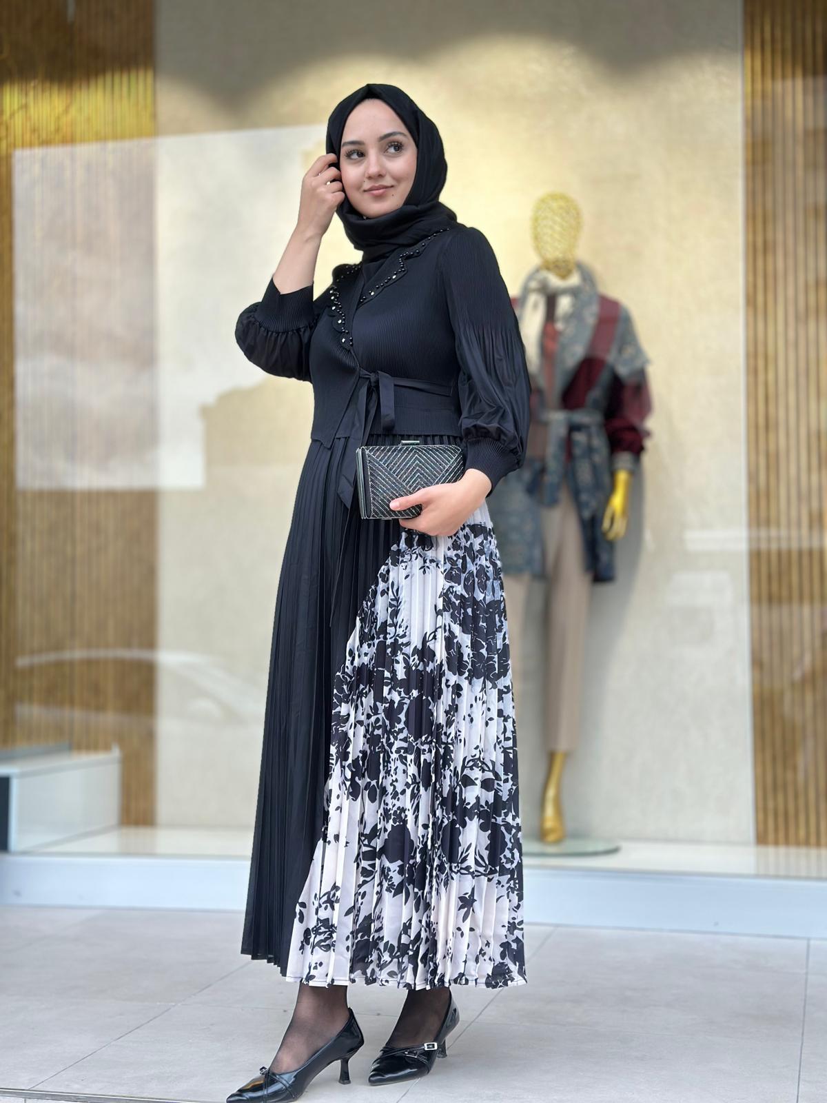 Eteği Desenli Elbise-Tac 85271