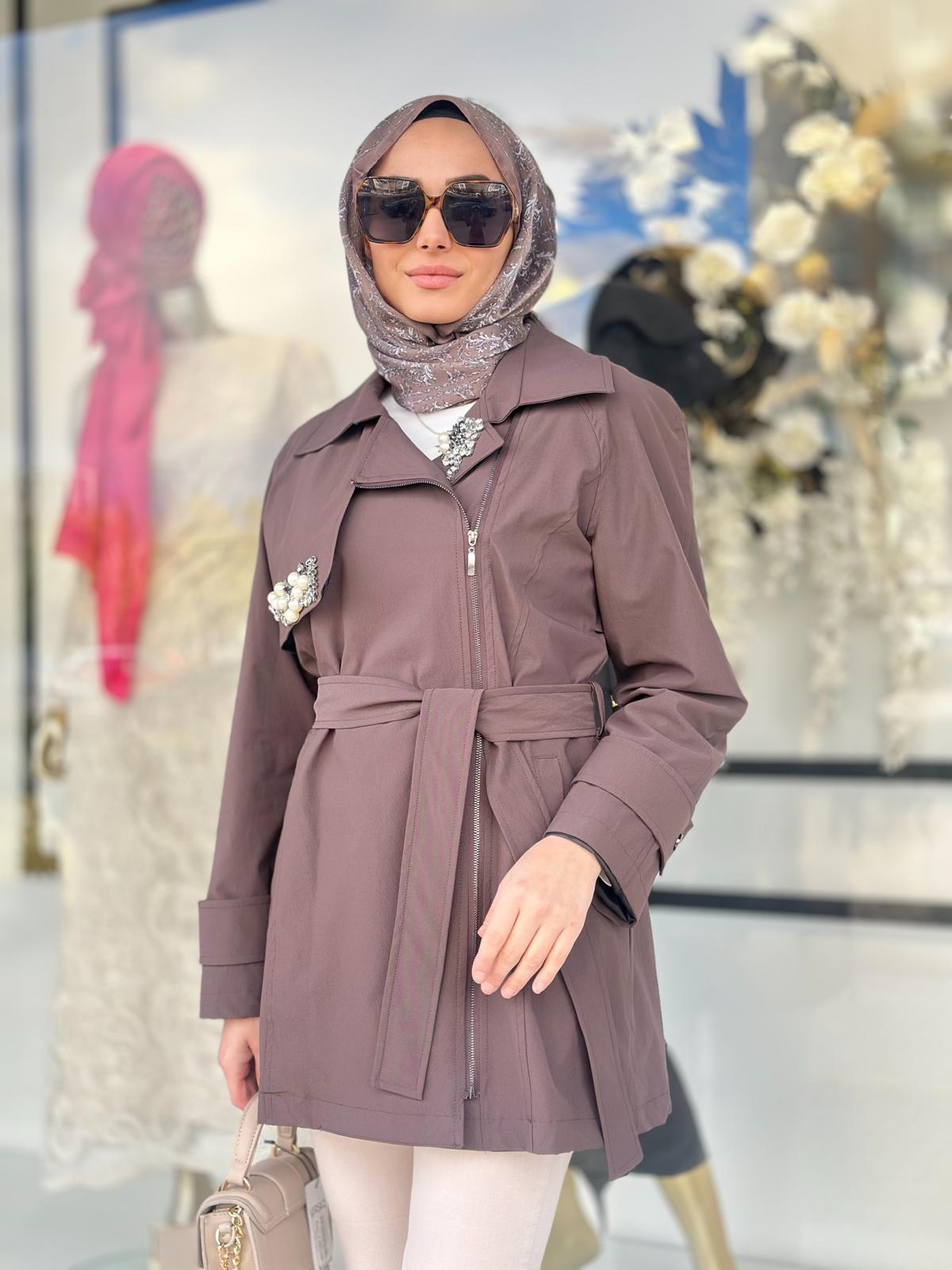 Yakası Taşlı Fermuarlı Trenç-Tac 7951 - KAHVERENGİ