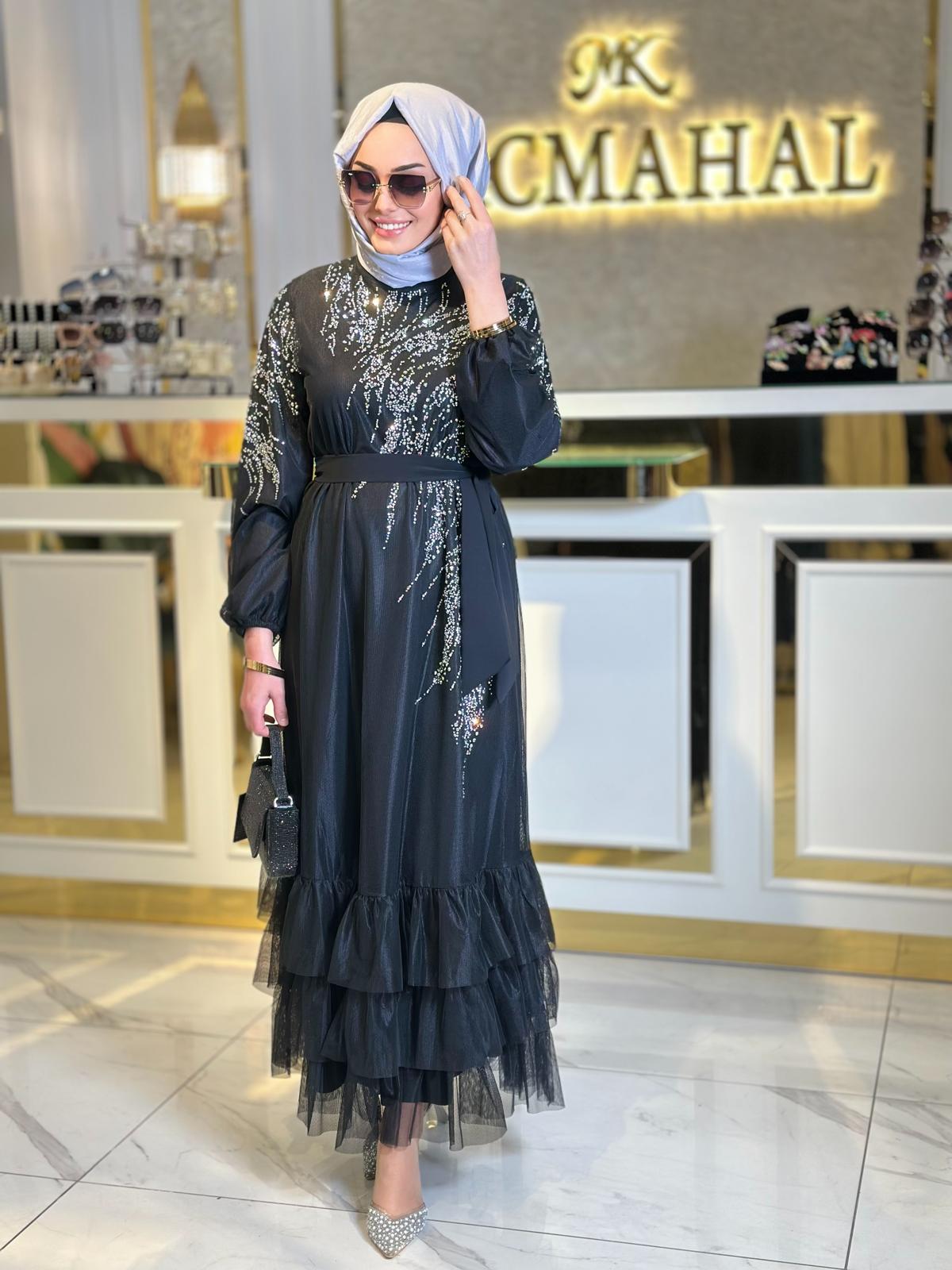 Taş Baskılı Fırfırlı Abiye-Tac 4215