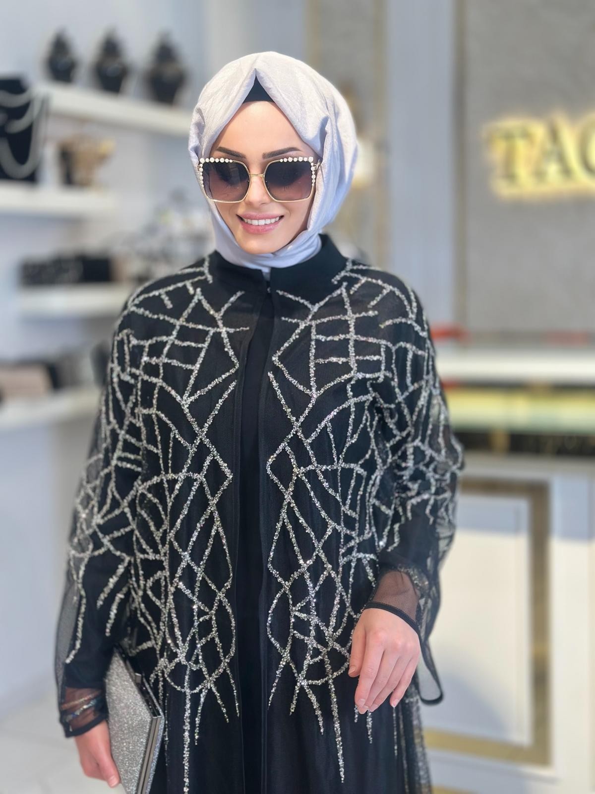 Taş Baskılı Tül Abaya-Tac 6227
