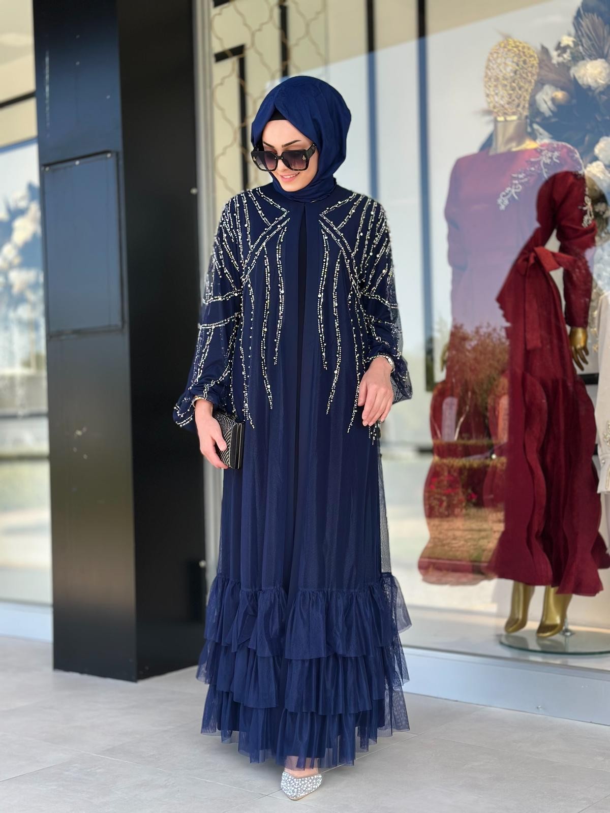 Taşlı Tül Çakım Abaya-Tac 6184