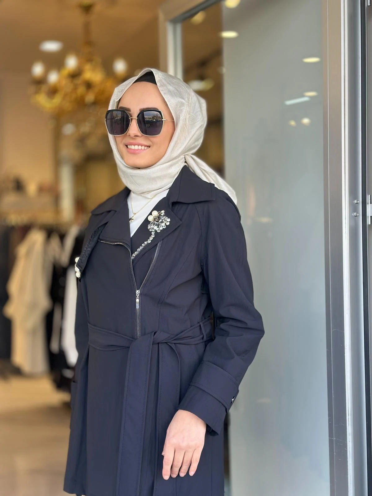 Yakası Taşlı Fermuarlı Trenç-Tac 7951