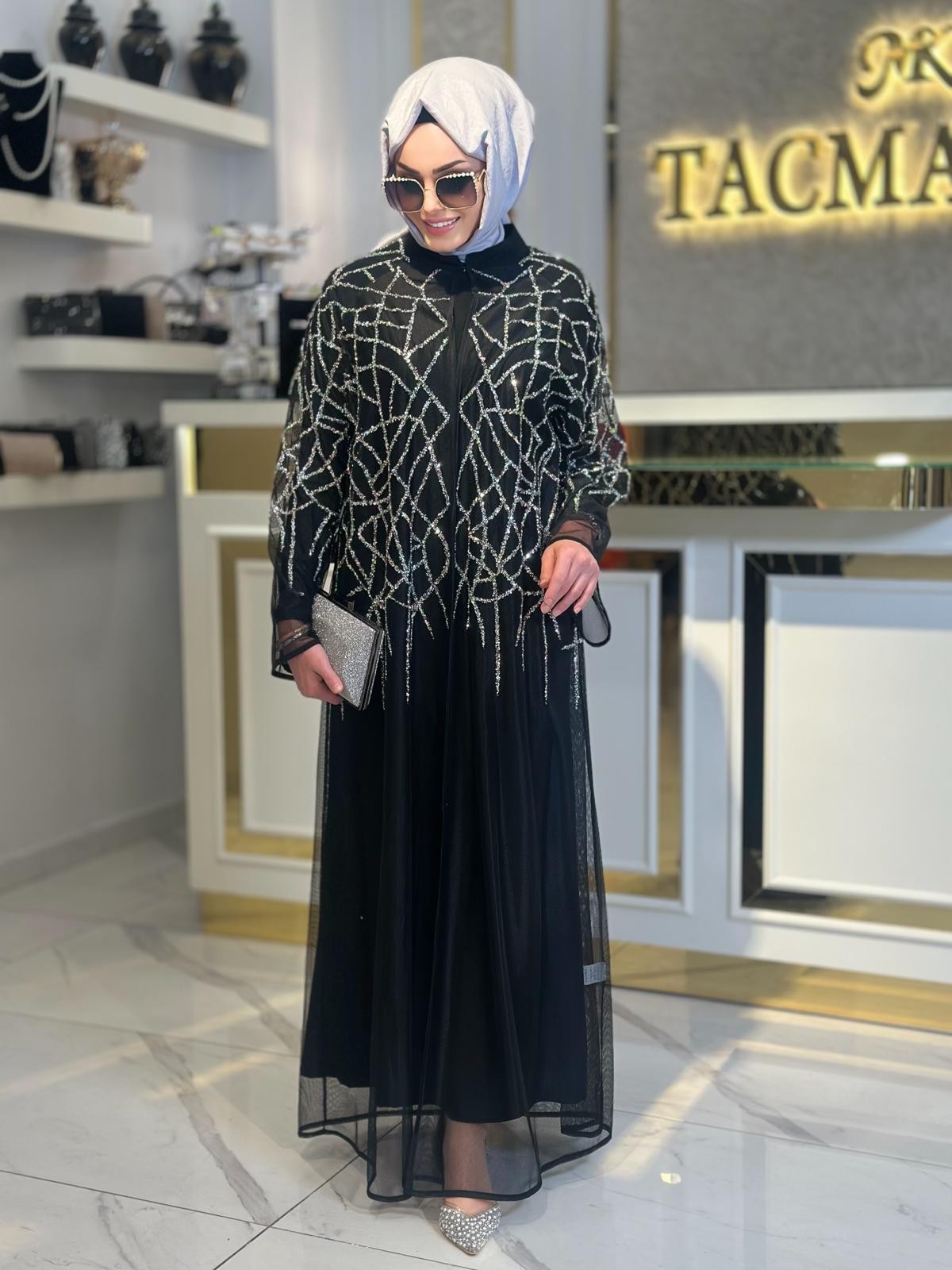 Taş Baskılı Tül Abaya-Tac 6227