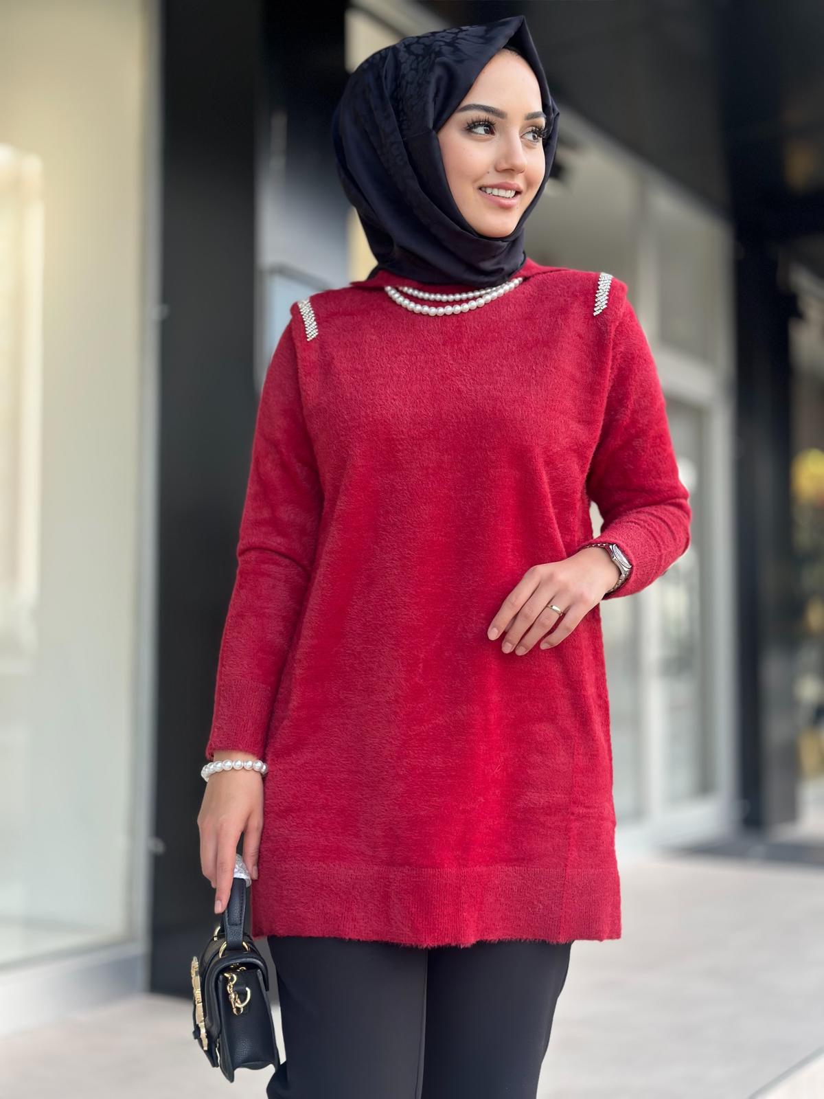 Omuzları Taşlı Angora Tunik-Tac 140443 - Kırmızı