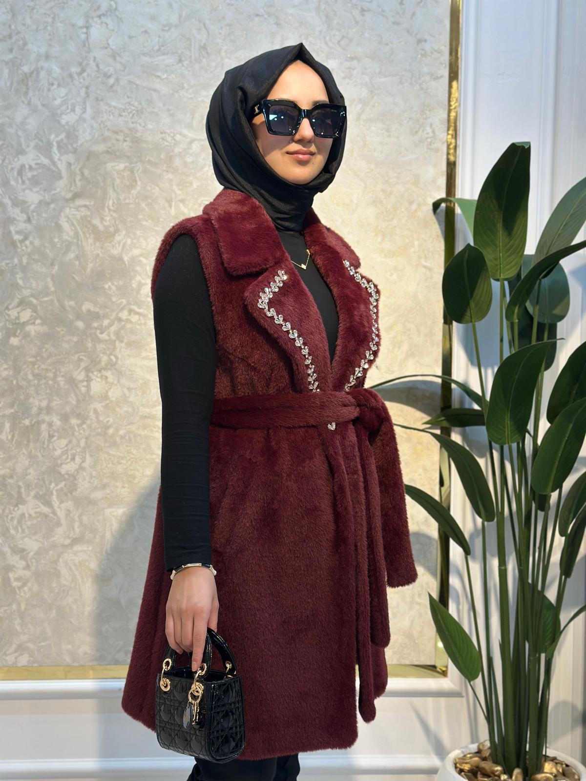 Taş Det.Angora Yelek-Tac 9077 - BORDO