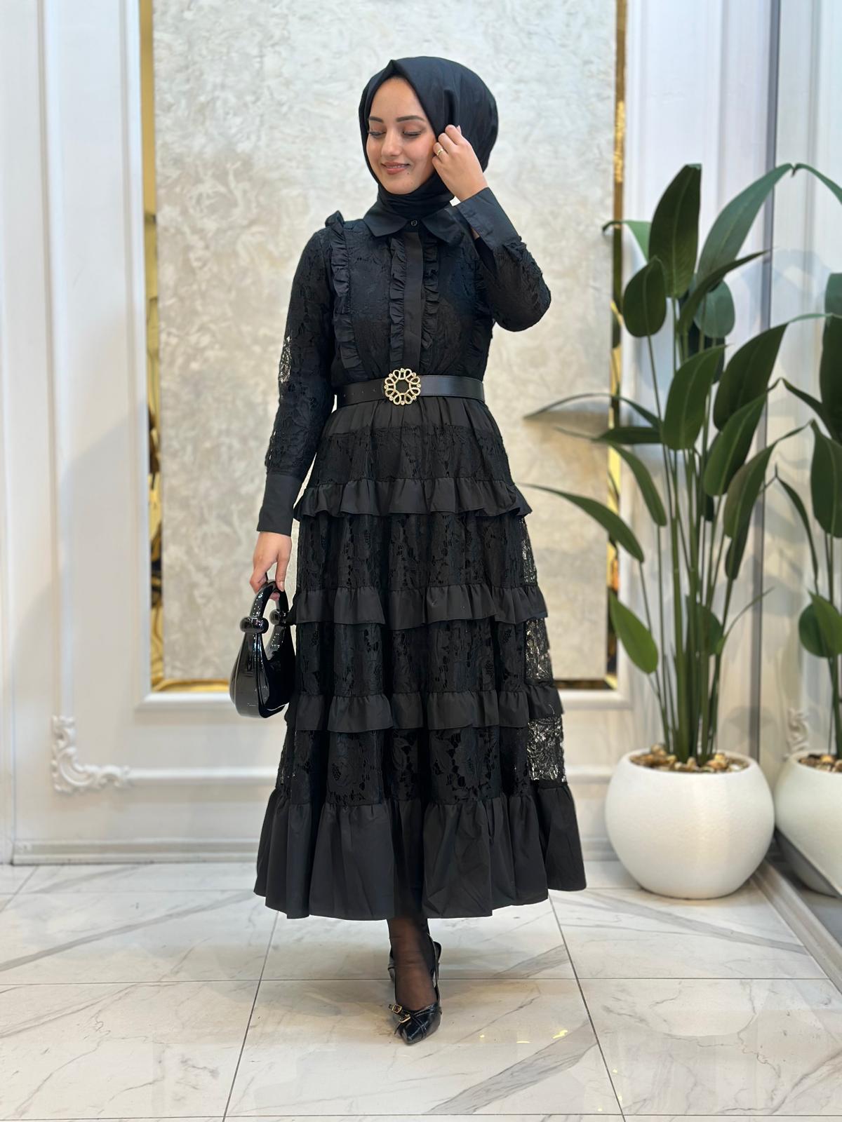 İthal Güpür Kat Kat Elbise-Tac 85961