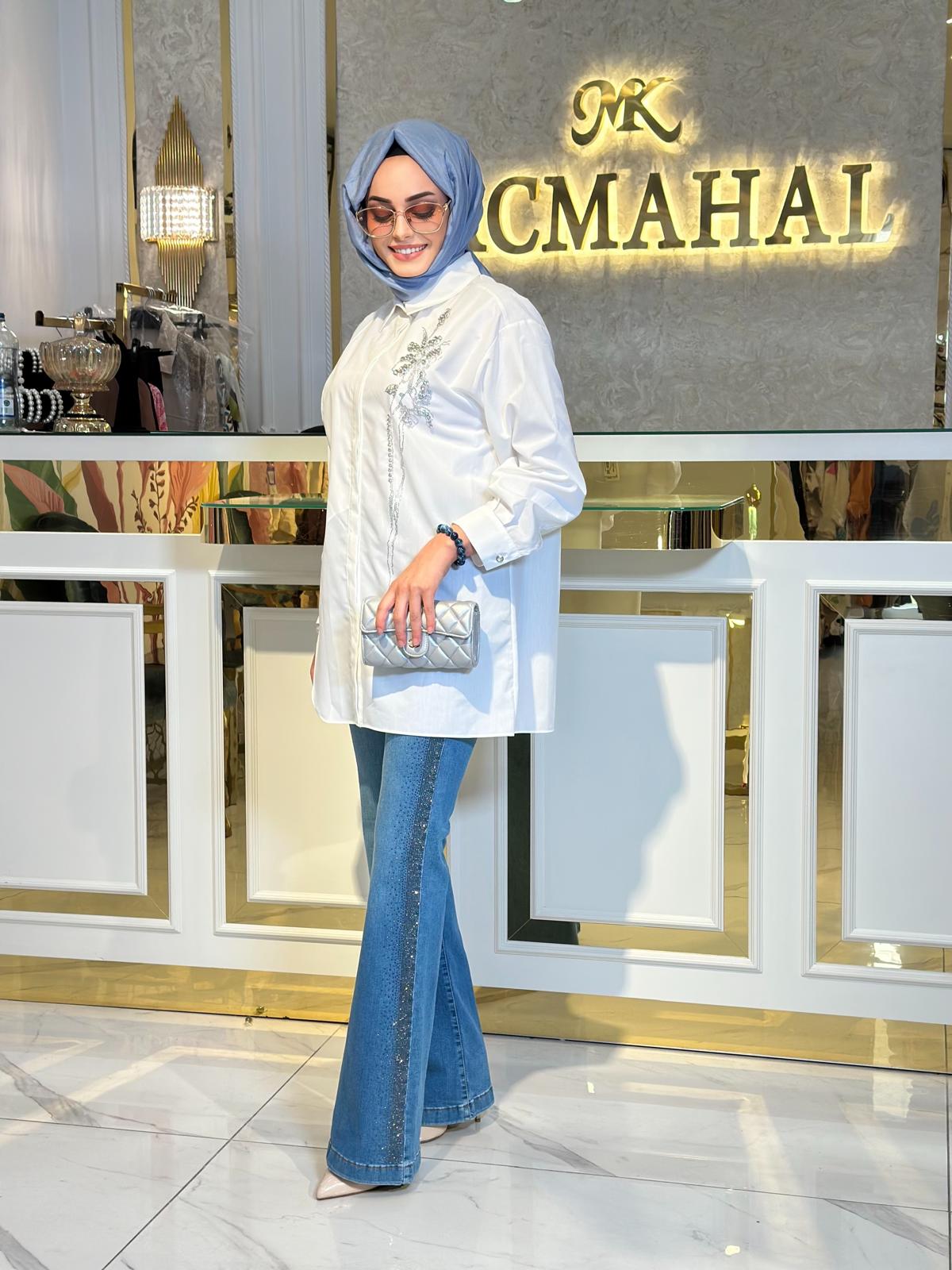 Önü Taşlı Gömlek-Tac 8706 - Ekru