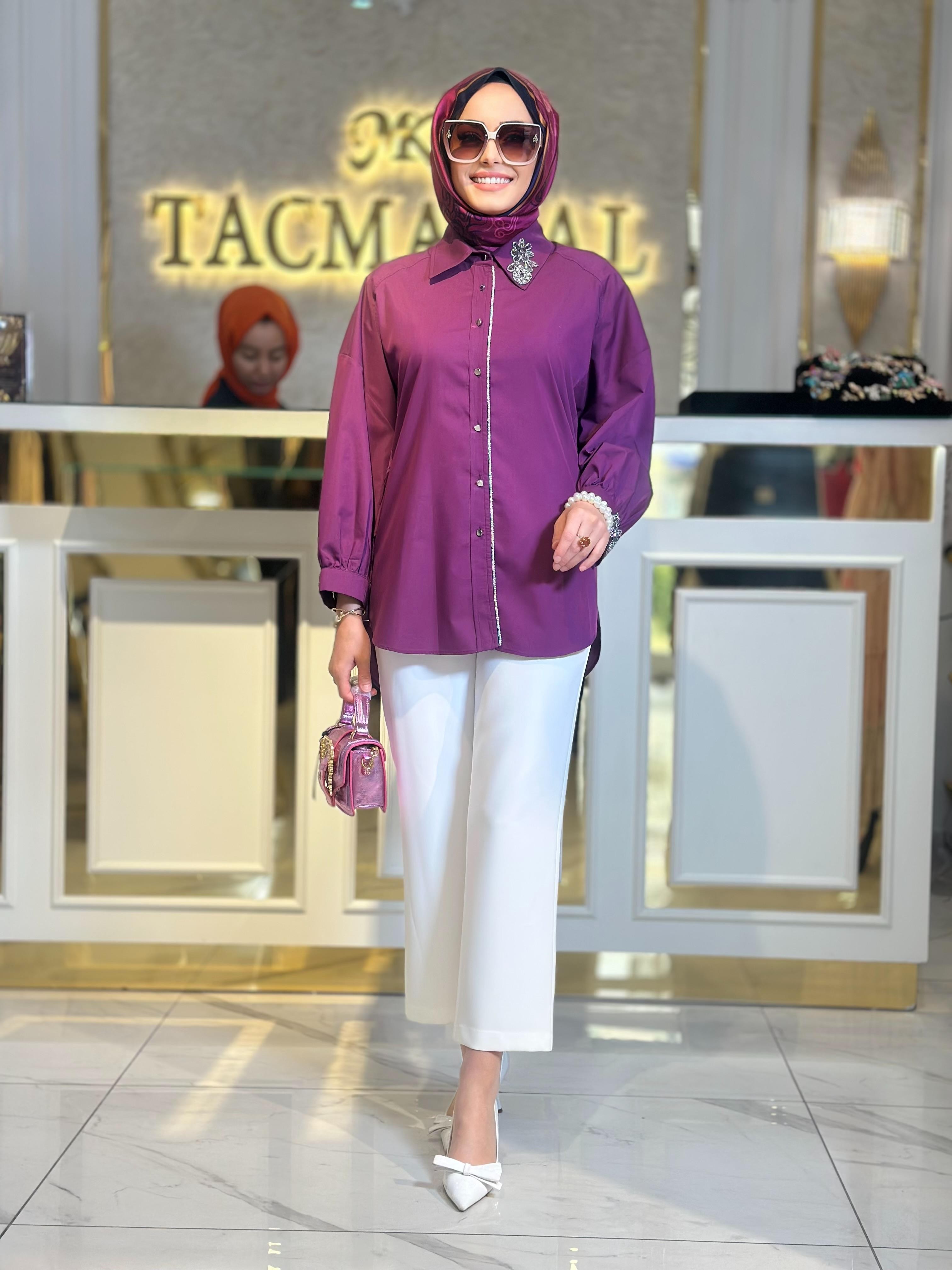 Şeritli Taşlı Gömlek-Tac 8701 - MÜRDÜM