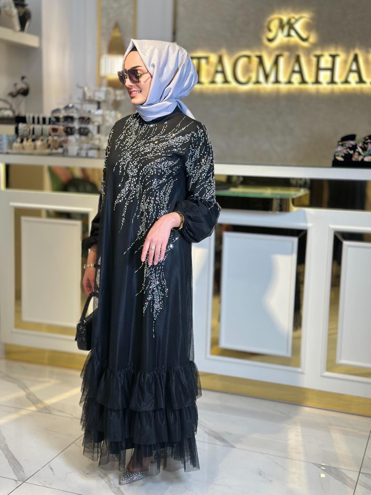 Taş Baskılı Fırfırlı Abiye-Tac 4215