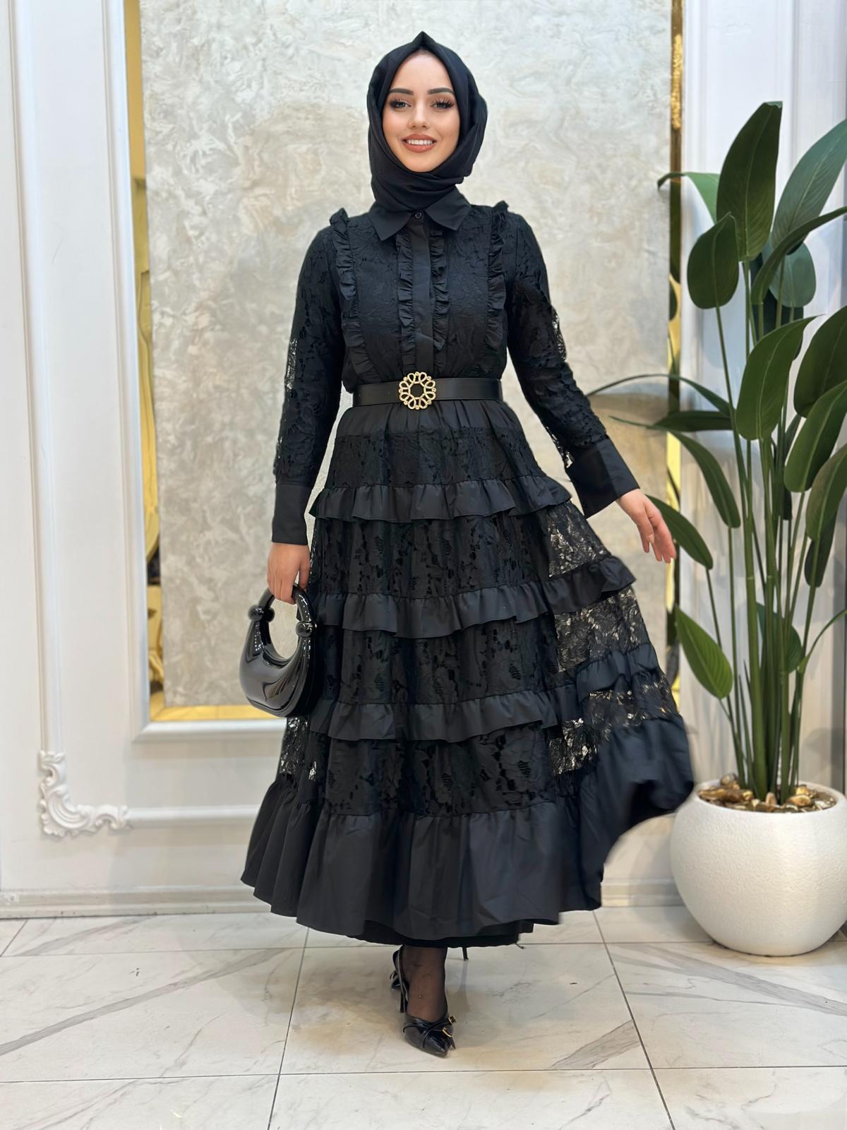 İthal Güpür Kat Kat Elbise-Tac 85961