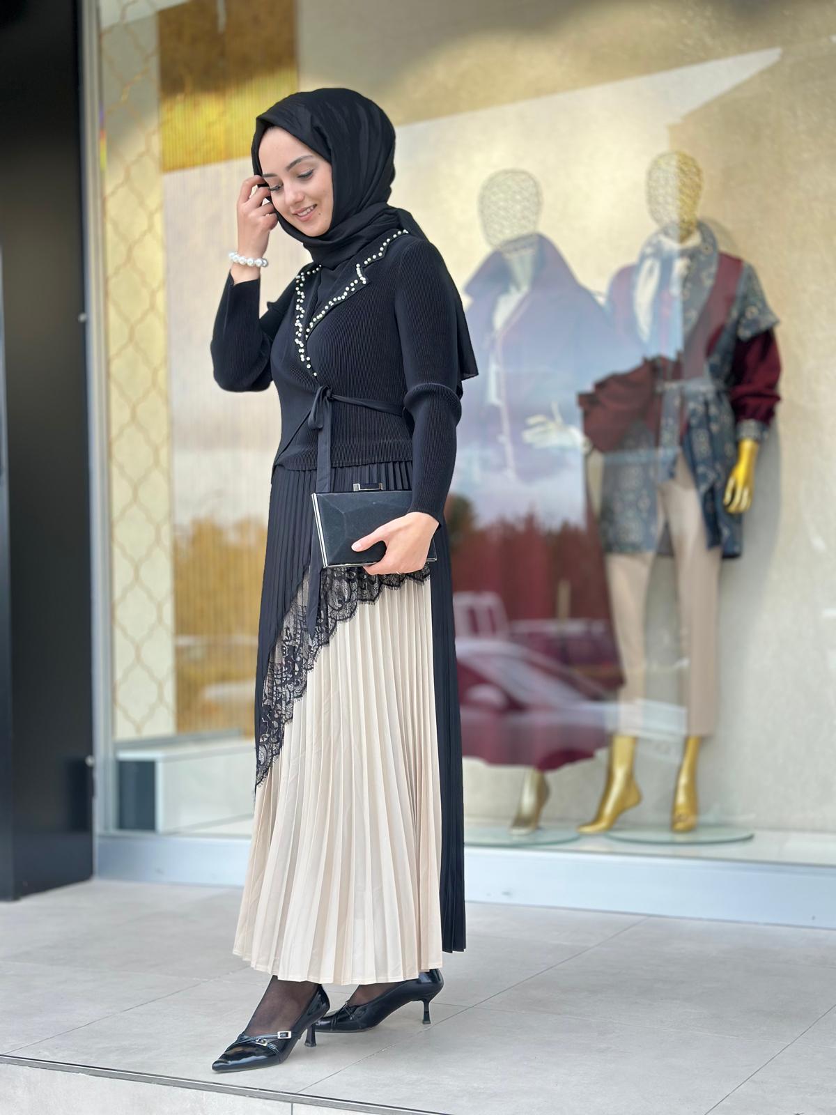 Yakası İncili Elbise-Tac 85270