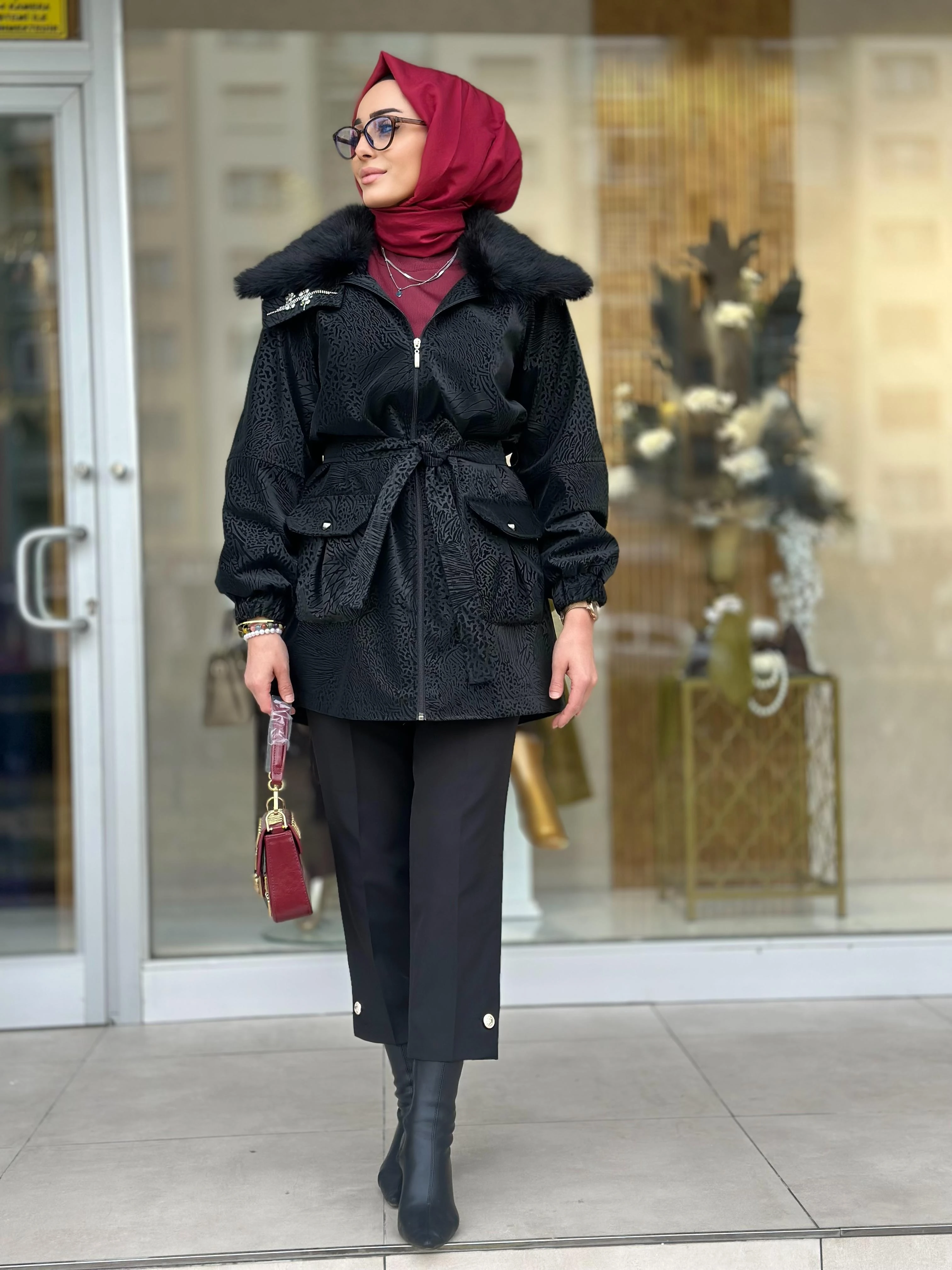 Yakası Kürklü Deri Kaban-Tac 7965