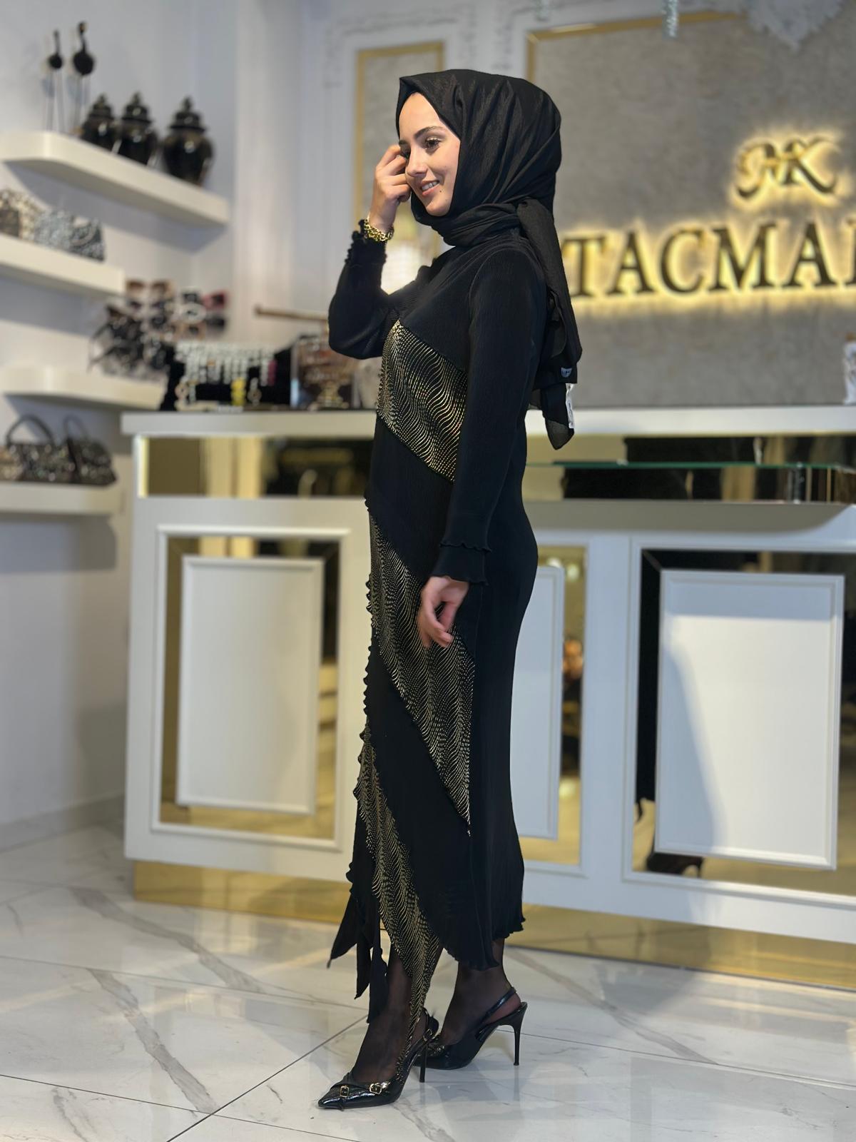 Gold Yan Şeritli Elbise-Tac 85265