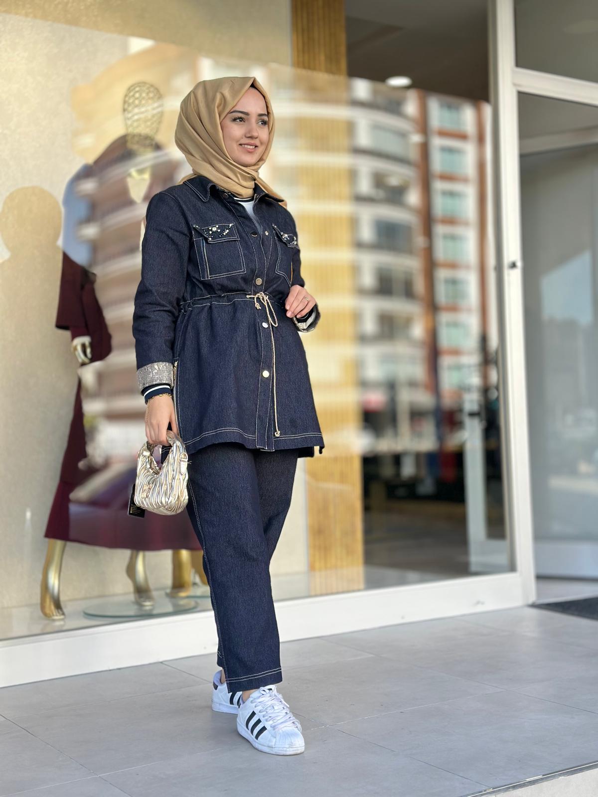 Bel Büzgülü Üçlü Kot Takım-Tac 8901