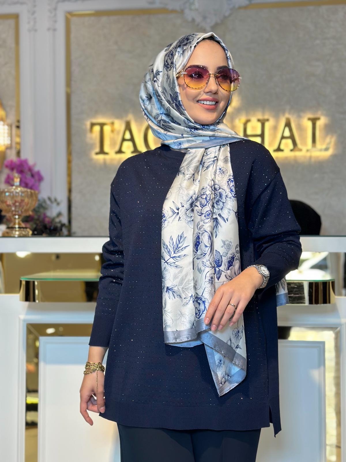 Taş Baskılı Rayon Tunik-Tac 21717 - LACİVERT